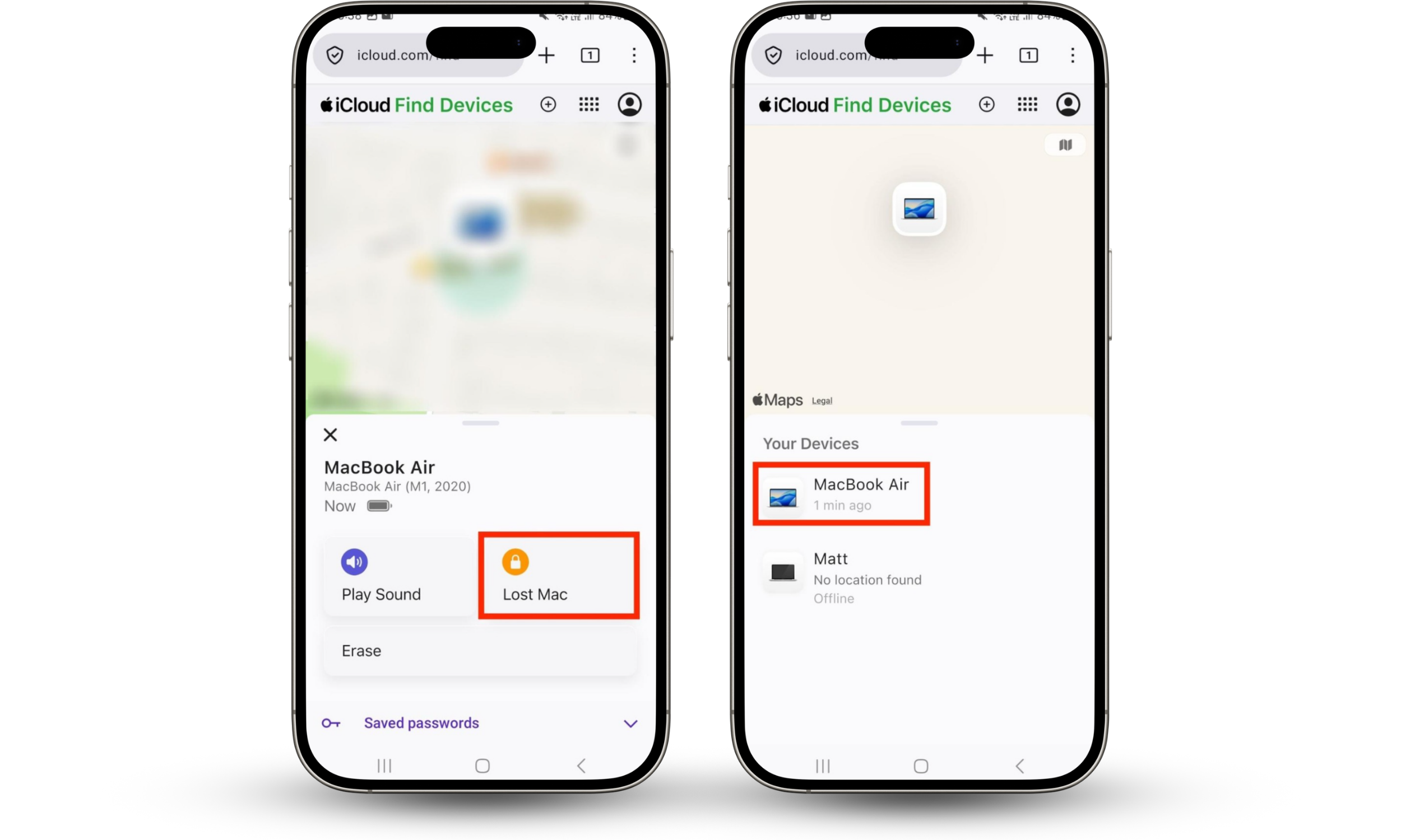 iCloud Find Devices loaded in Firefox on an Android device. Select the relevant device and tap Lost.