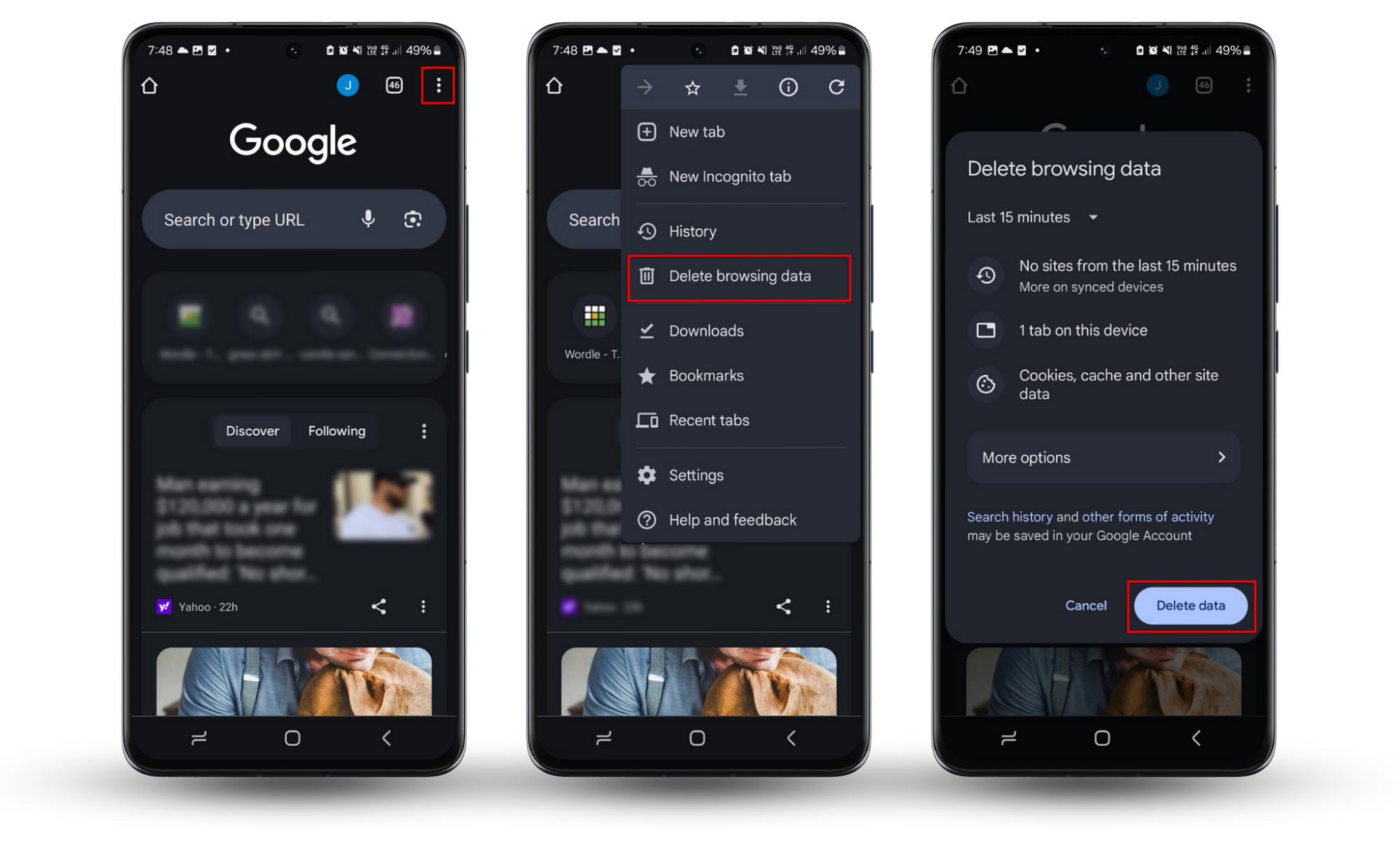 To clear cookies on Google Chrome, select menu > Delete browsing data > Delete data. A browser open on an Android phone with the three-dot menu. To clear cookies on Google Chrome, select menu > Delete browsing data > Delete data. A browser open on an Android phone with the three-dot menu.