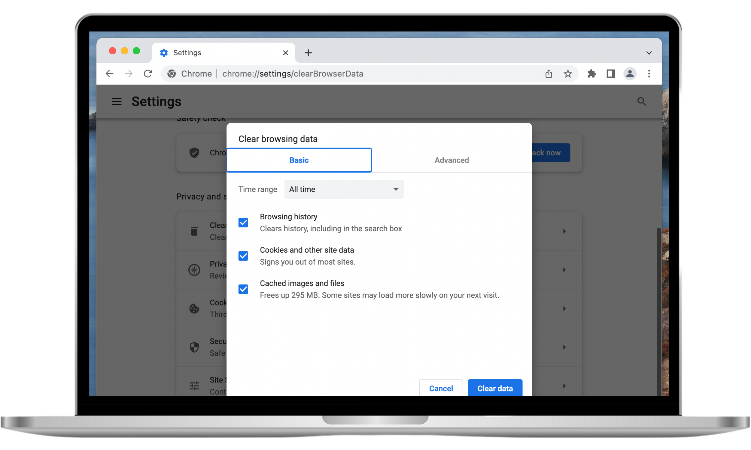 The Clear browsing data pop-up in Google Chrome shows the Clear data button selected.