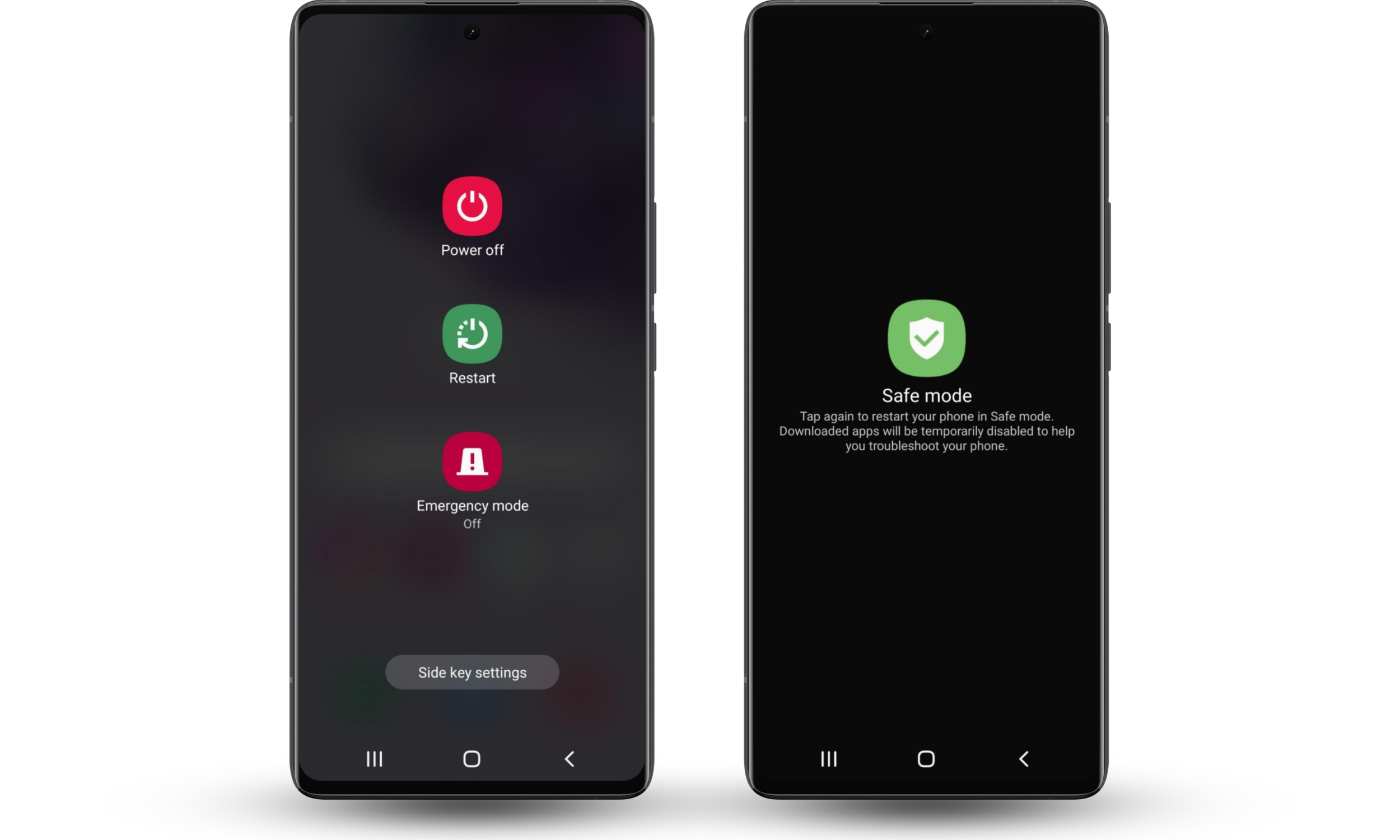 Android screen showing the power off menu and the Safe Mode restart confirmation screen. Android screen showing the power off menu and the Safe Mode restart confirmation screen.
