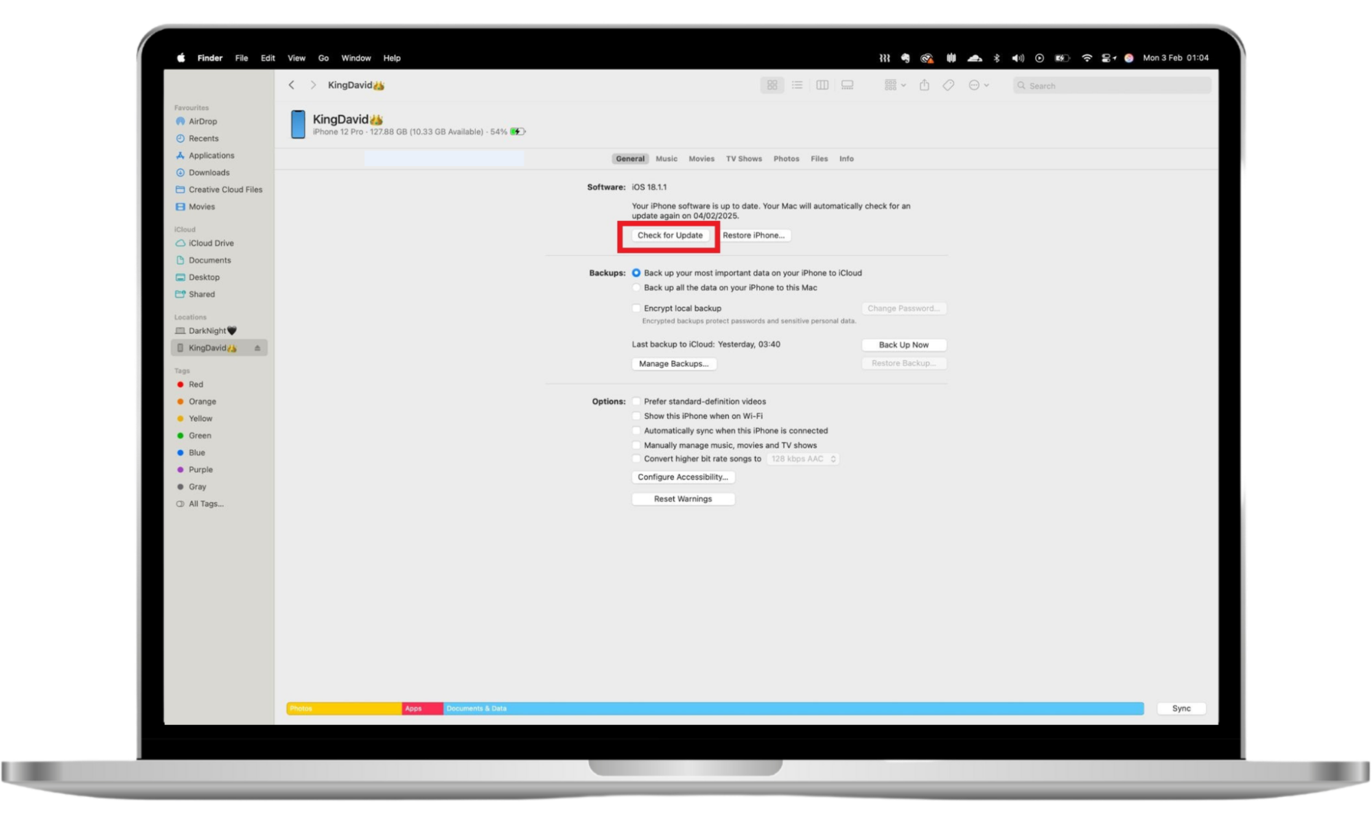 Finder displaying the Check for Update option to fix iPhone says unable to check for update. Finder displaying the Check for Update option to fix iPhone says unable to check for update.