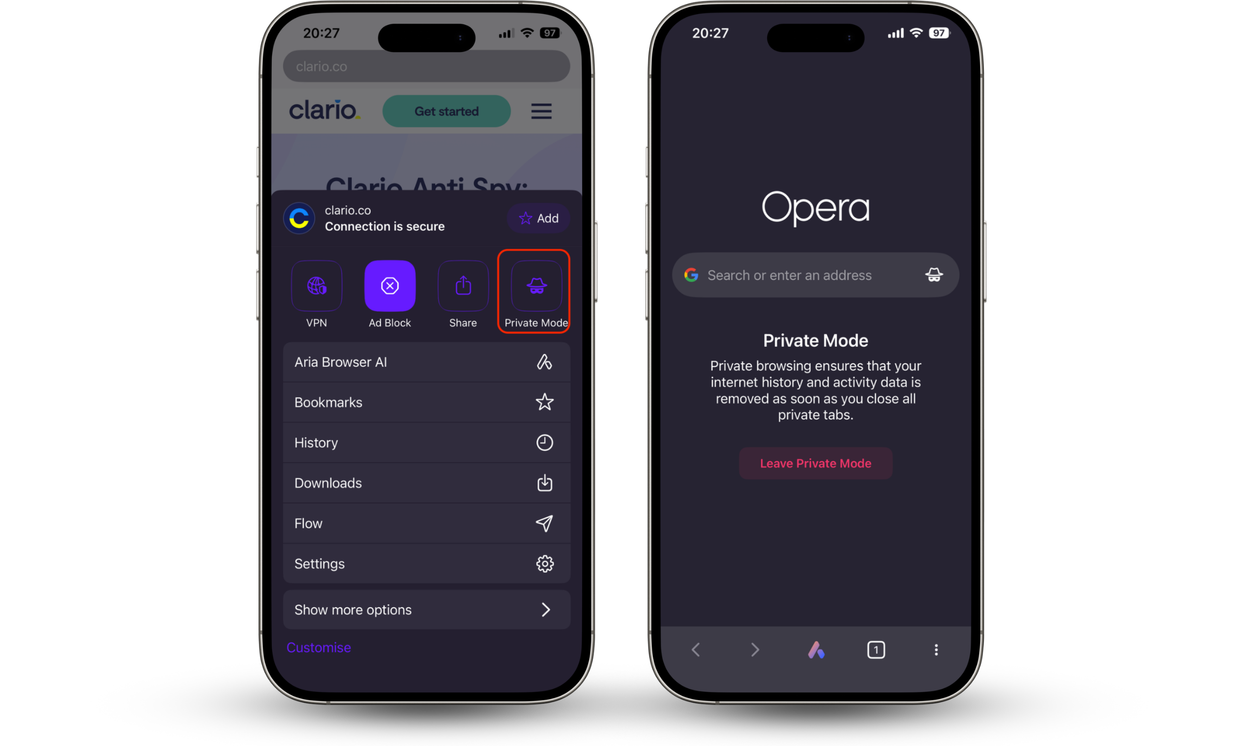 Opera mobile interface showing tab menu with three-dot options open and New private tab option visible. Opera mobile interface showing tab menu with three-dot options open and New private tab option visible.