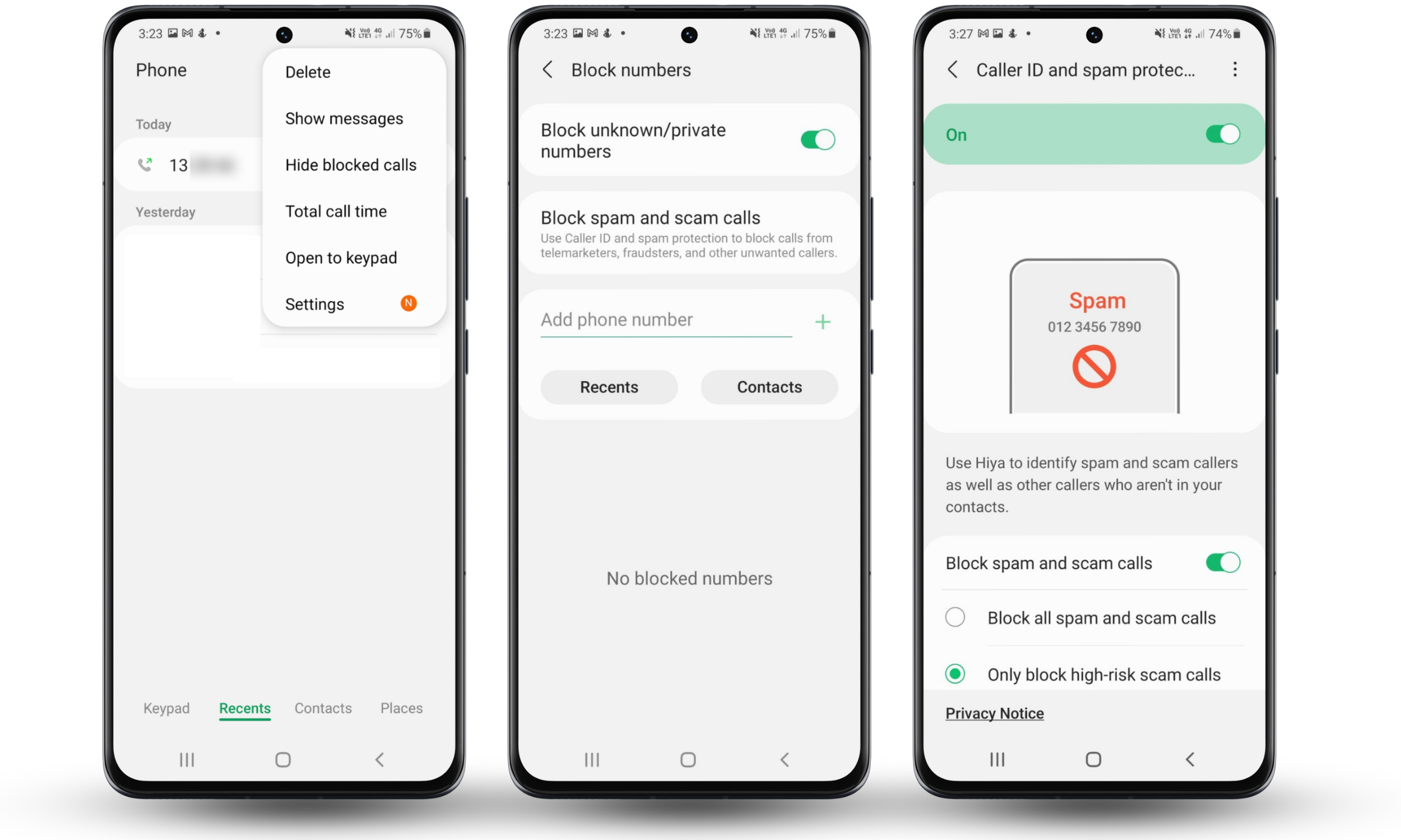 Android Phone settings showing Block spam and scam calls option with toggle enabled and filtering choices Android Phone settings showing Block spam and scam calls option with toggle enabled and filtering choices