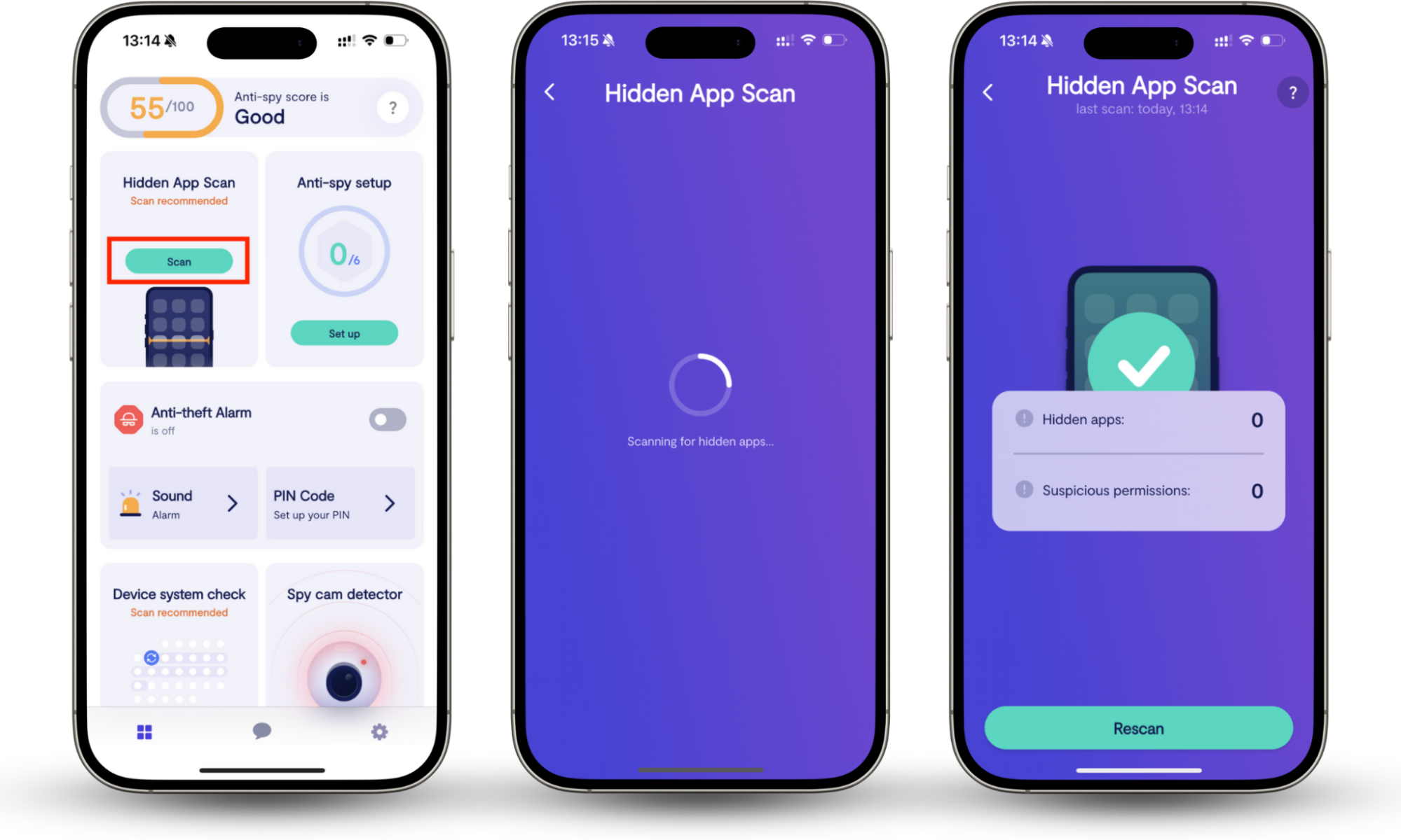 Clario Anti Spy app performing hidden app scan on iPhone, showing scan process and detection of suspicious or spyware apps