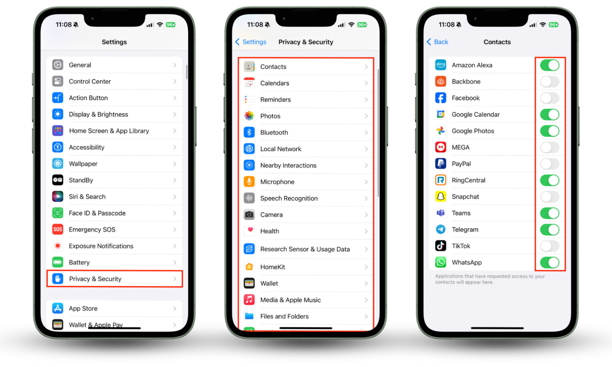 The Privacy & Security menu on iPhone with a list of all permissions. When you want to detect Spyera on iPhone, select each permission to see which apps have access, then block anything that's suspicious.