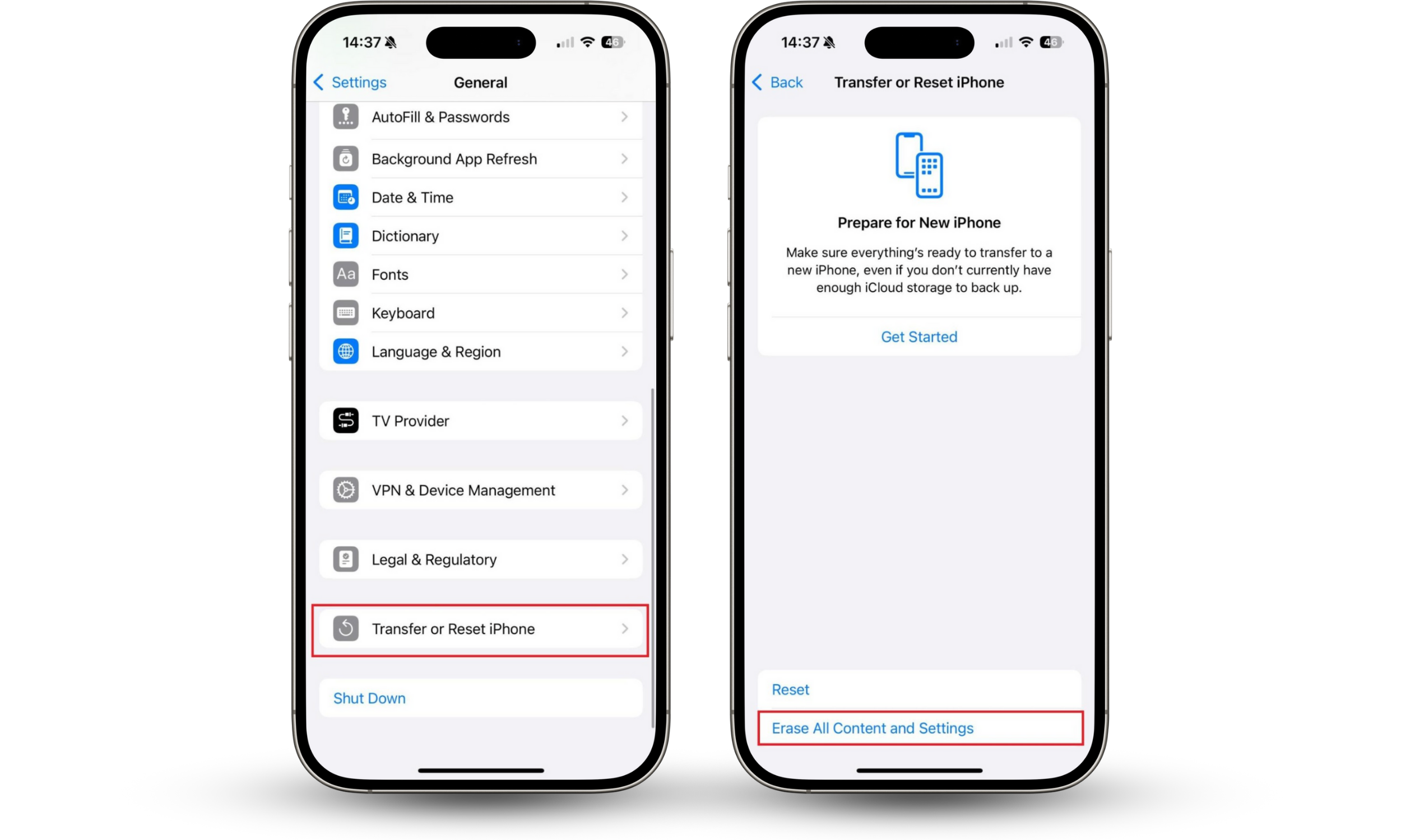 iPhone factory reset process showing Transfer or Reset iPhone and Erase All Content steps to fix can’t power off phone iPhone factory reset process showing Transfer or Reset iPhone and Erase All Content steps to fix can’t power off phone