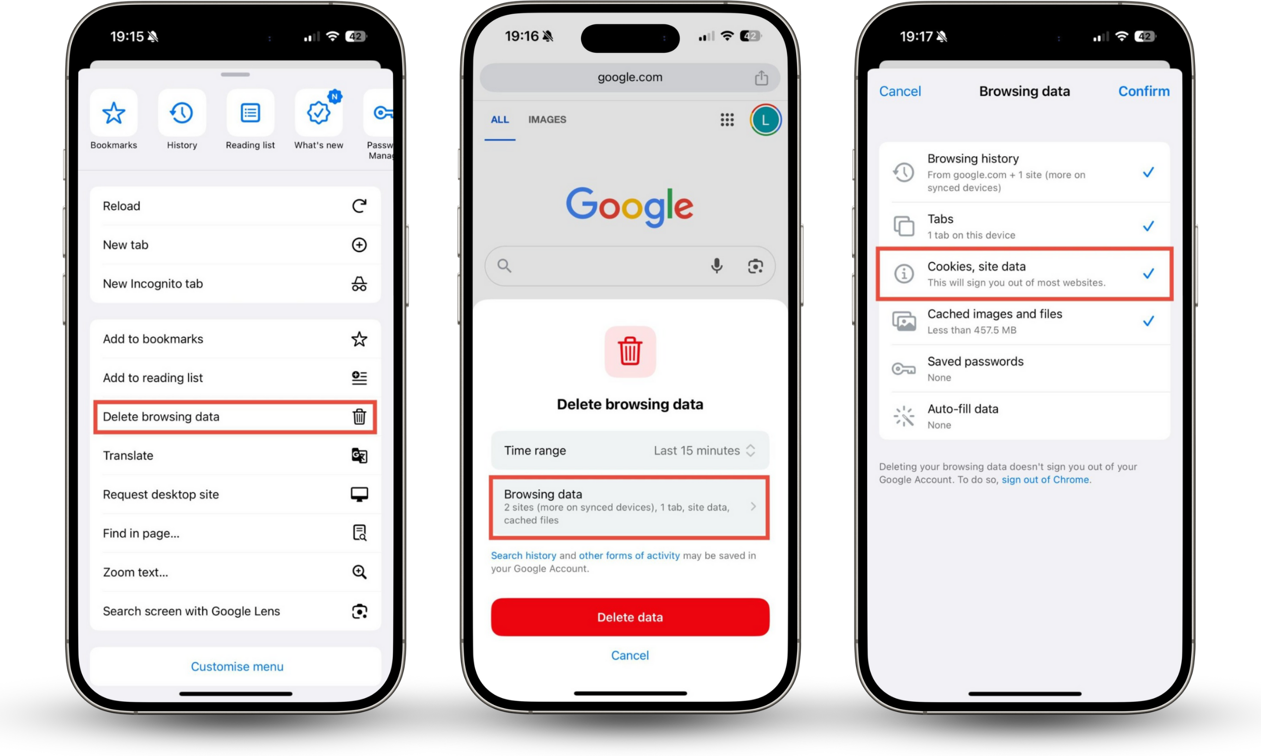 The steps needed to get rid of cookies on iPhone if you use Google Chrome. In Chrome, go to the menu and choose Delete browsing data. The steps needed to get rid of cookies on iPhone if you use Google Chrome. In Chrome, go to the menu and choose Delete browsing data.