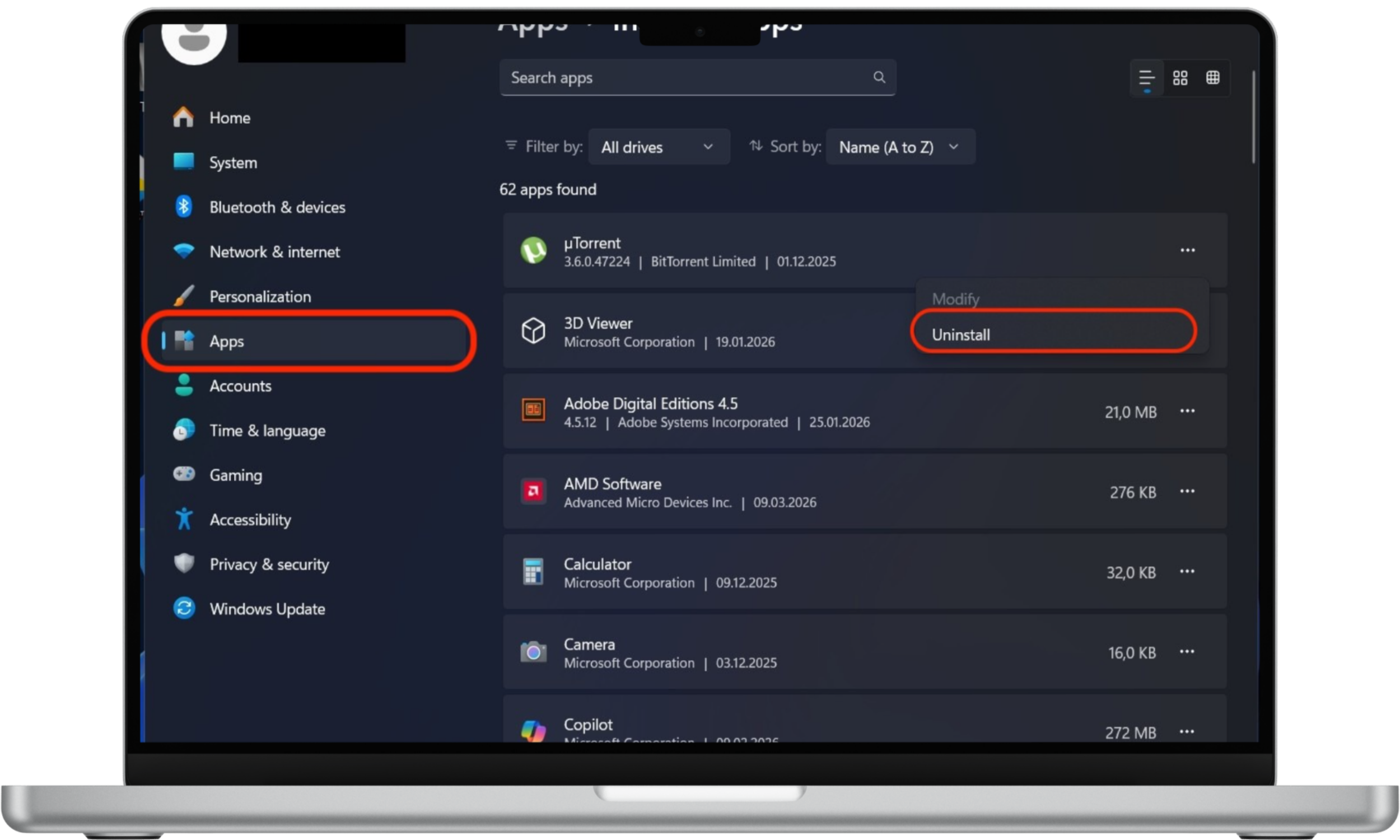Uninstalling unwanted apps through Installed apps settings on Windows computer