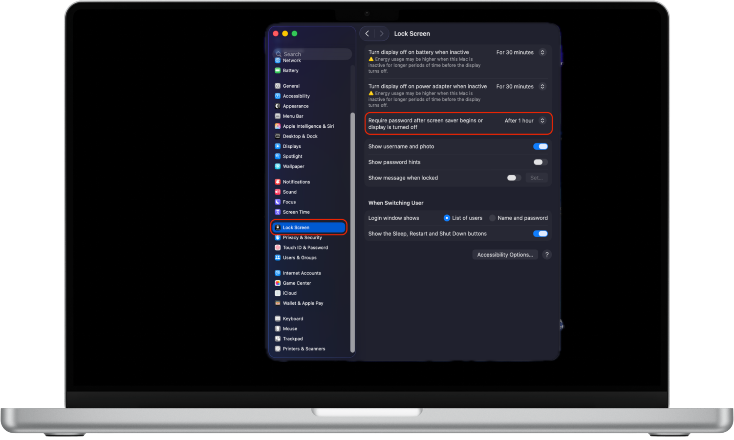 To set up a password lock, find the Require password after screen saver begins or display is turned off option. To set up a password lock, find the Require password after screen saver begins or display is turned off option.
