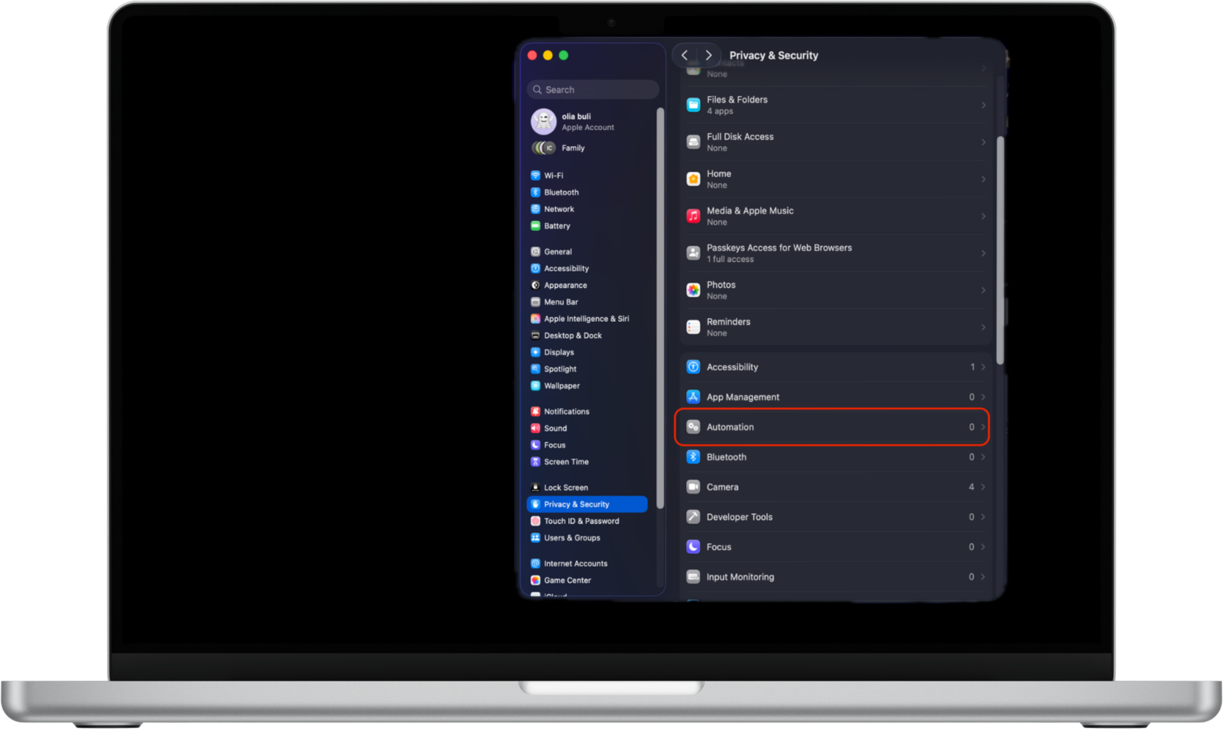 To adjust your apps’ privacy settings, select the Automation option from the list. To adjust your apps’ privacy settings, select the Automation option from the list.
