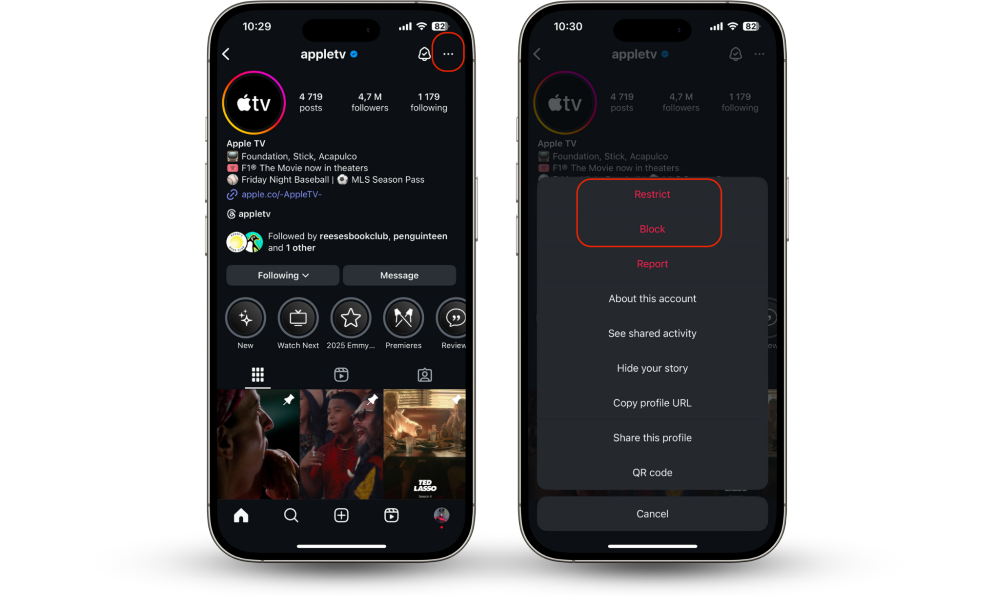How to block or restrict someone on Instagram, showing how to access profile options, tap the three dots, and choose to block or restrict an account. How to block or restrict someone on Instagram, showing how to access profile options, tap the three dots, and choose to block or restrict an account.
