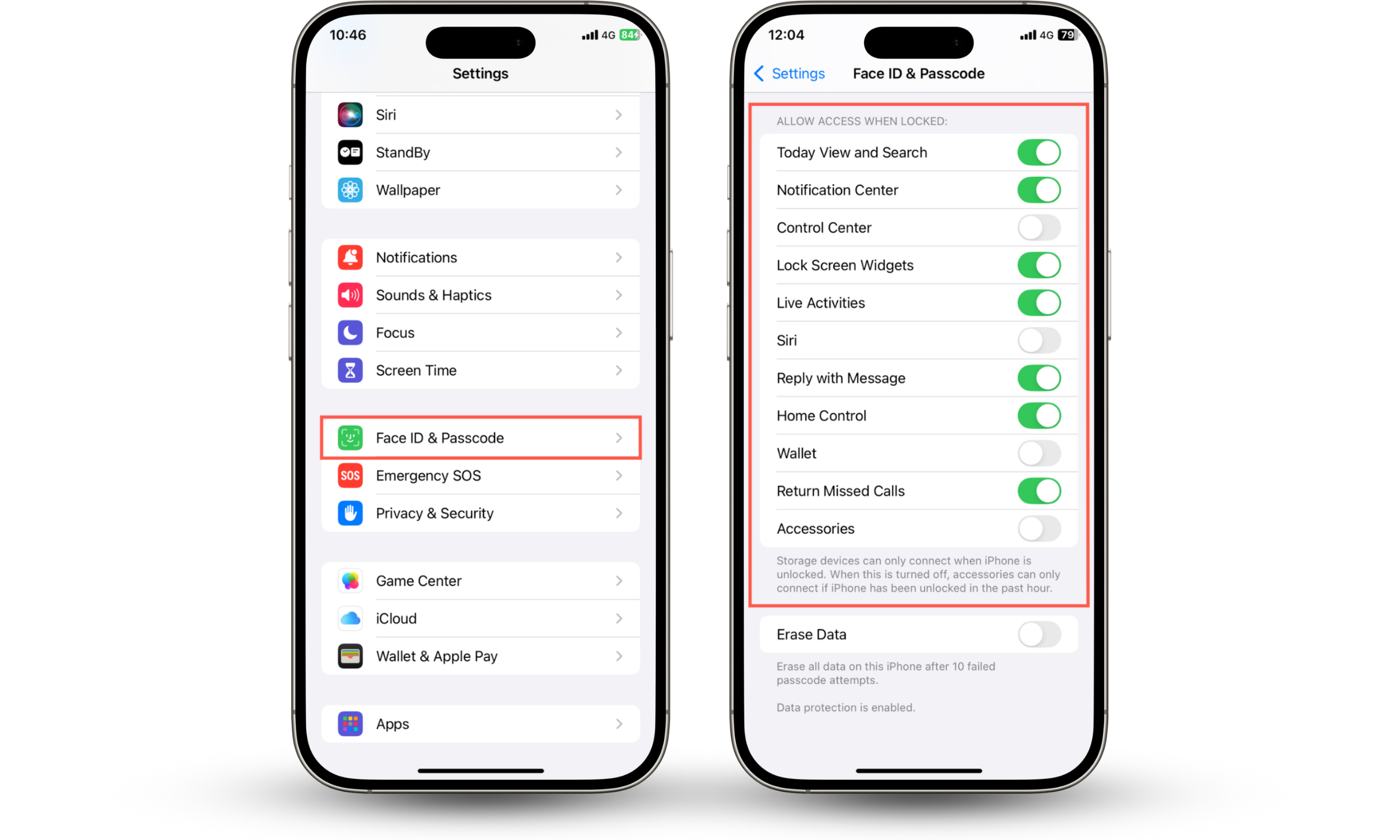 These iOS Settings app screenshots show how to manage Lock Screen access to features like Control Center as part of your iPhone theft prevention plan.