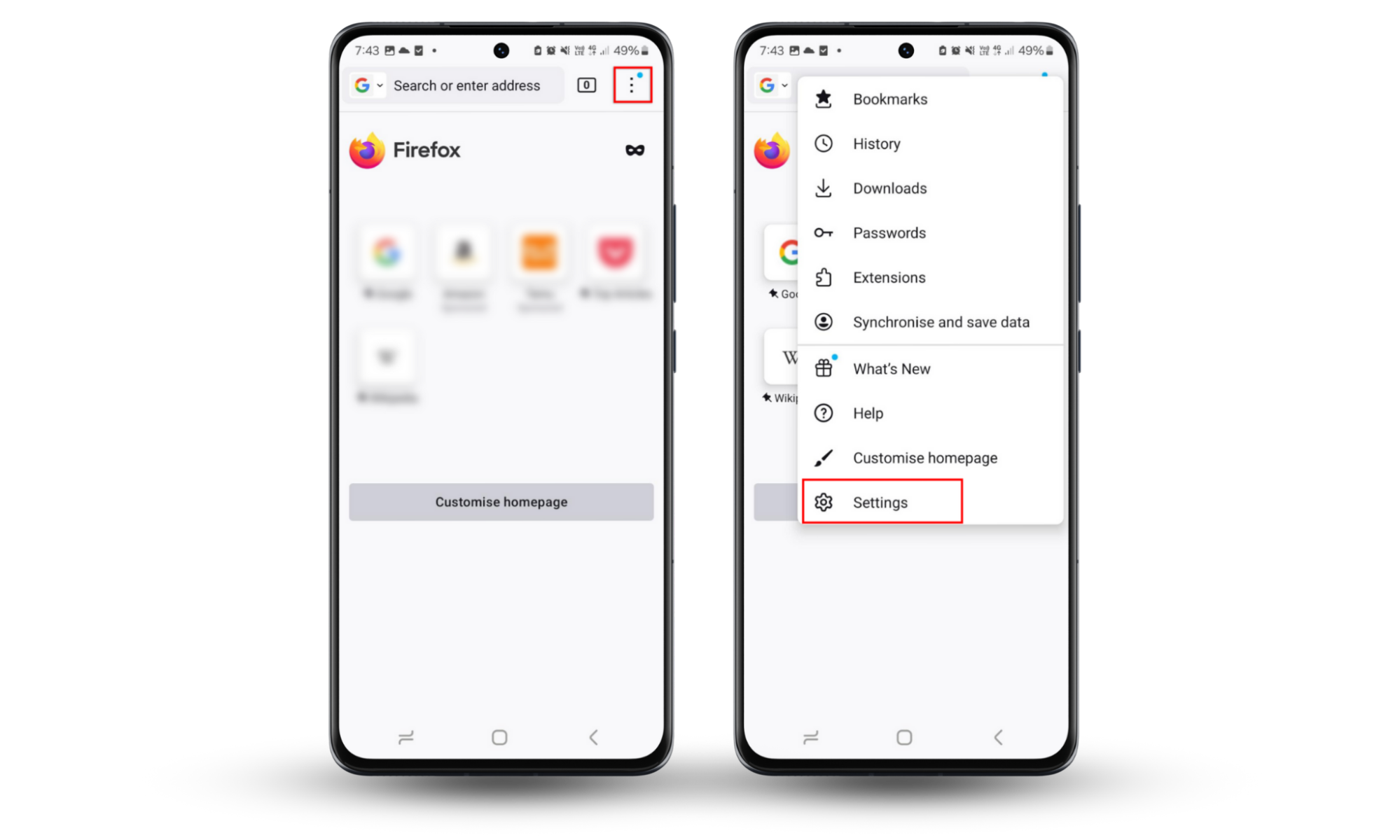 Android phone with Firefox browser open and Settings open. Clear your cookies in Firefox in the Settings menu. Android phone with Firefox browser open and Settings open. Clear your cookies in Firefox in the Settings menu.