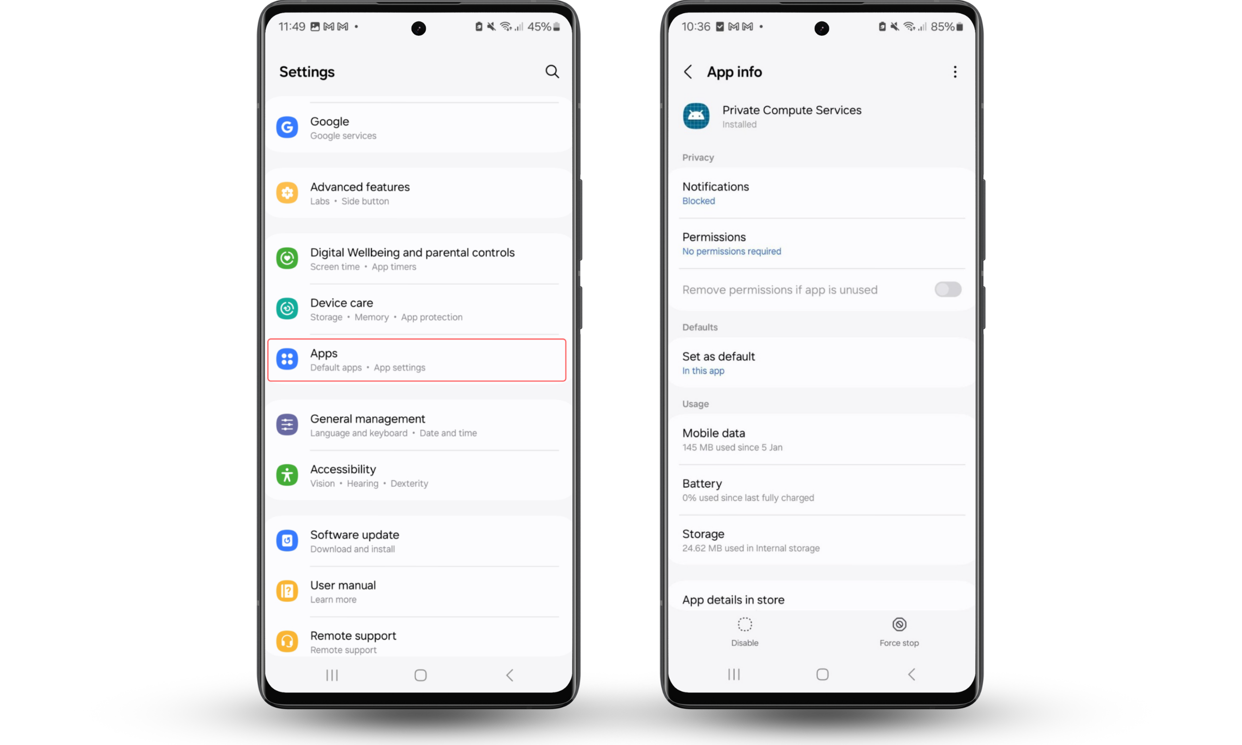 The Settings app on an Android phone, showing to find info about Private Compute Services. Is Private Compute Services spyware? No, it's an Android system app.