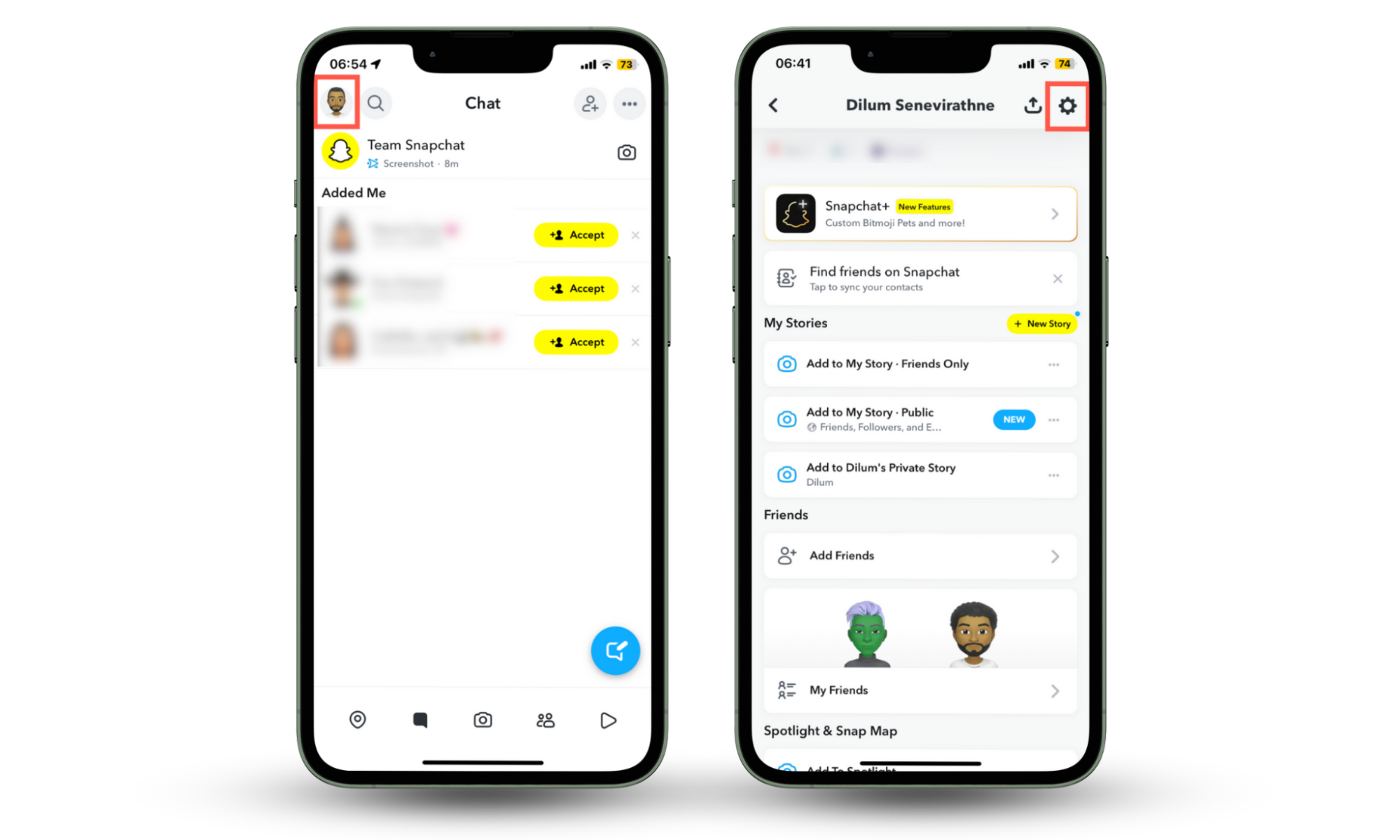 Snapchat open on iPhone showing how to visit the Settings screen in Snapchat to manage your communications if you know someone is spying on your Snapchat. Snapchat open on iPhone showing how to visit the Settings screen in Snapchat to manage your communications if you know someone is spying on your Snapchat.