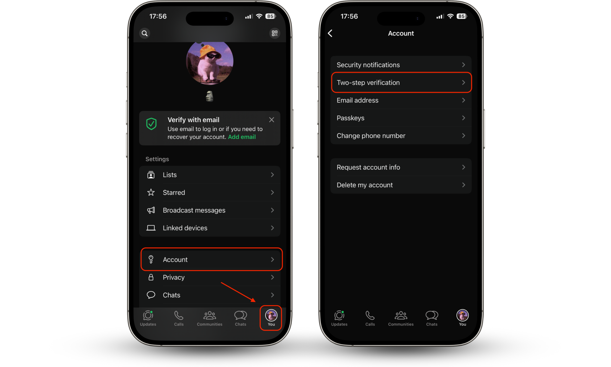 Navigating to Two-step verification through the WhatsApp profile and Account settings.