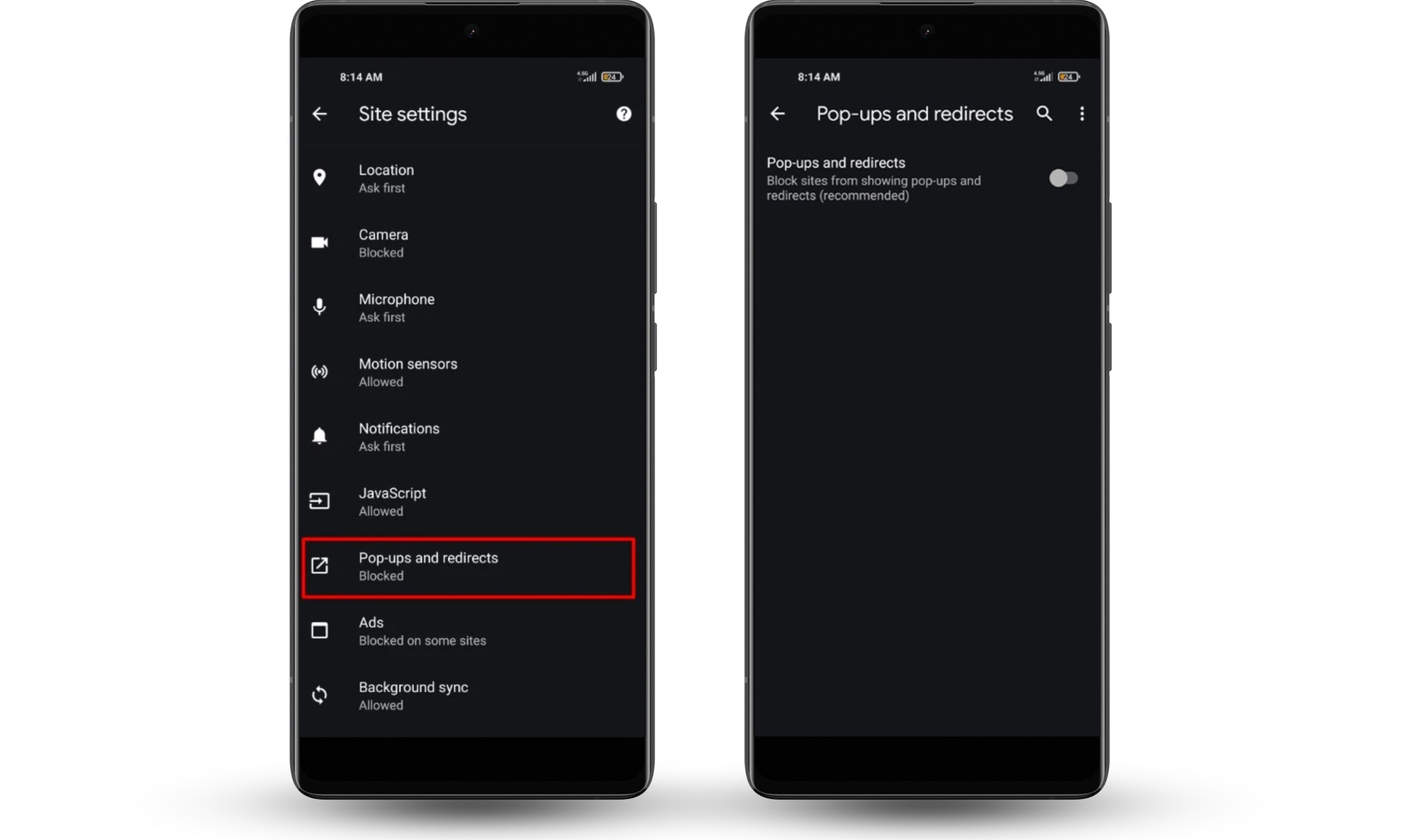 These Chrome screenshots on Android show you the Chrome setting you must check to make sure that browser ads and pop-ups are disabled. These Chrome screenshots on Android show you the Chrome setting you must check to make sure that browser ads and pop-ups are disabled.