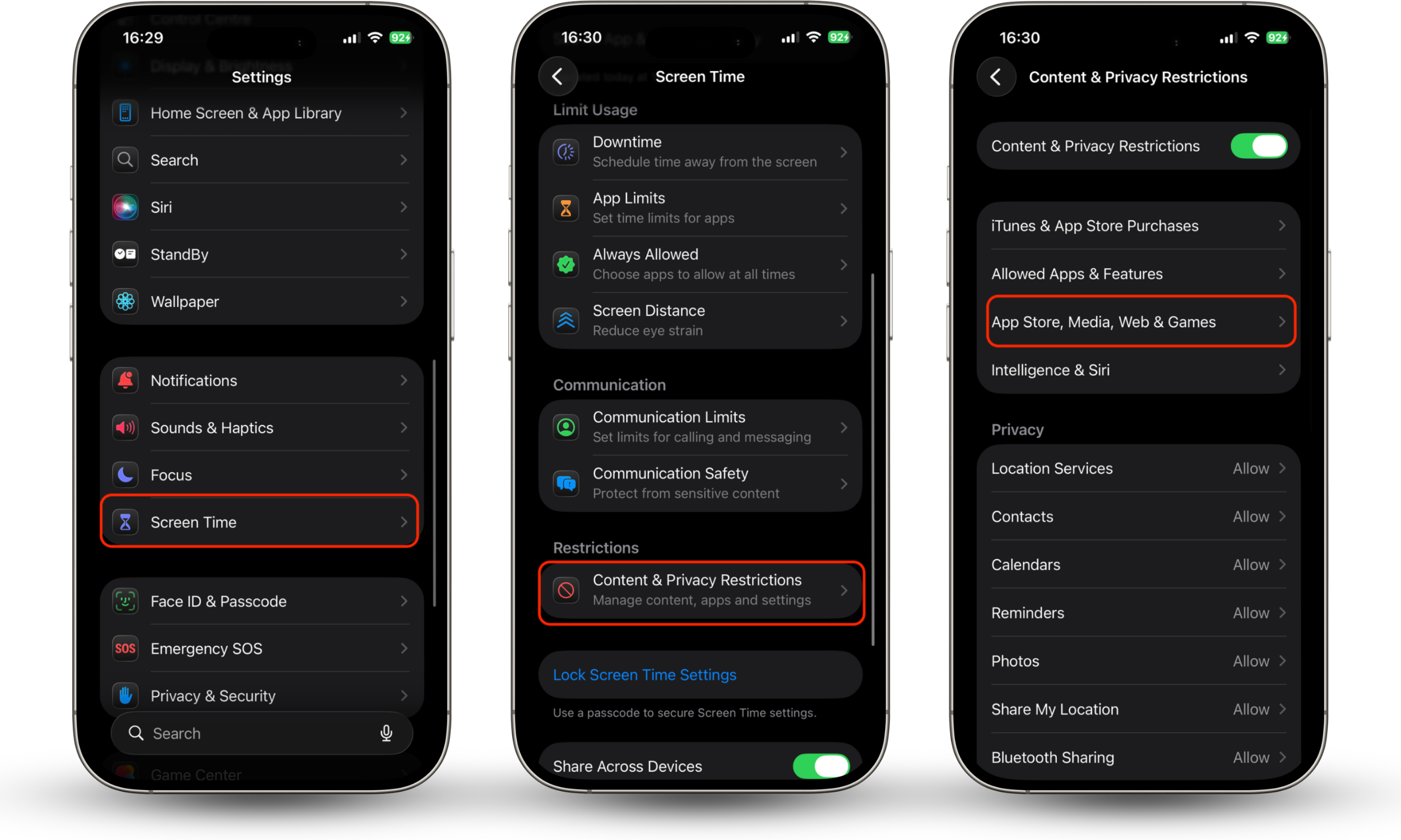The Settings app on an iPhone showing the Screen Time menu with Content & Privacy Restrictions enabled (toggle turned green), guiding the user to access App Store, Media, Web & Games settings to control website access.