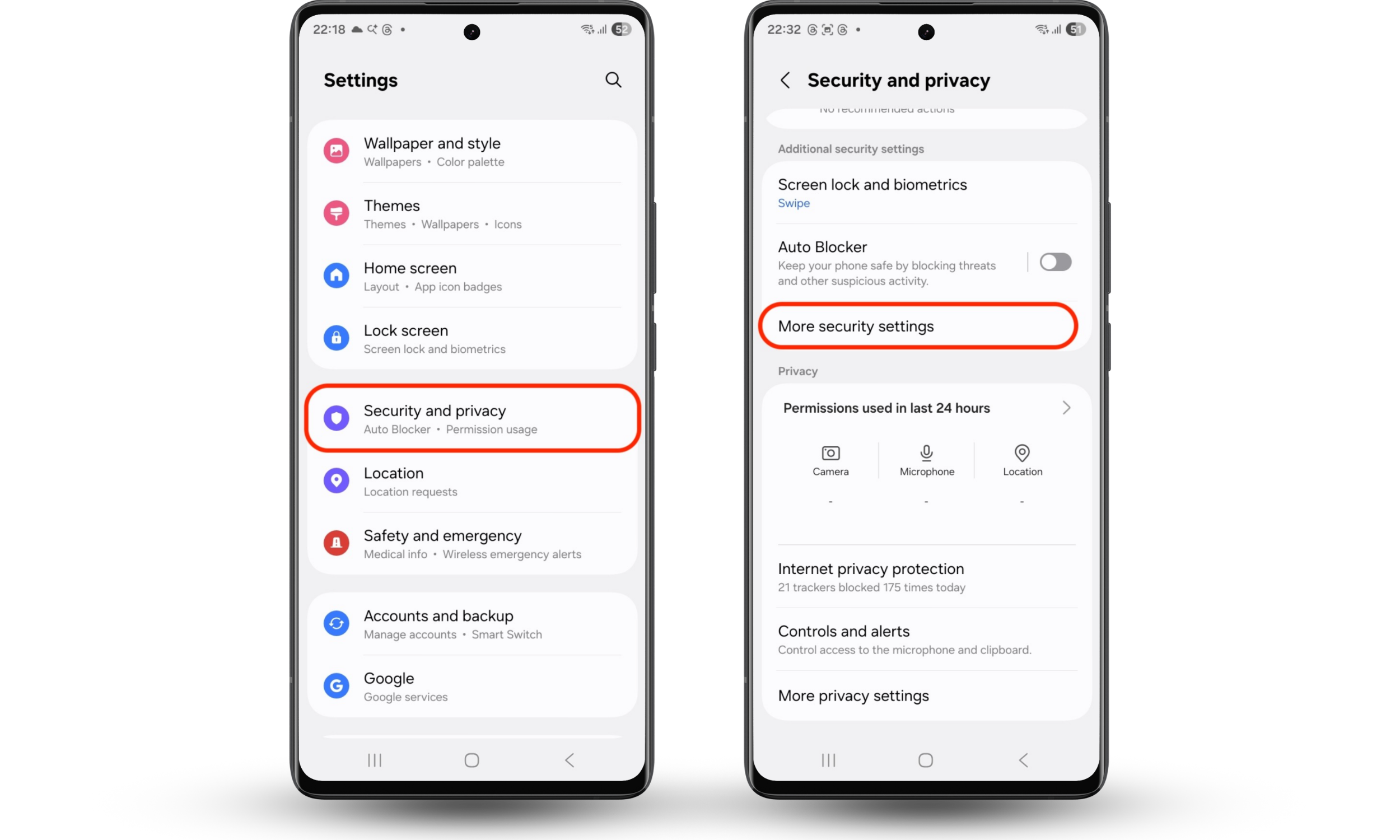 The Settings app on an Android phone displaying the Security & privacy section, with the More security settings option highlighted to guide users to additional security controls. The Settings app on an Android phone displaying the Security & privacy section, with the More security settings option highlighted to guide users to additional security controls.