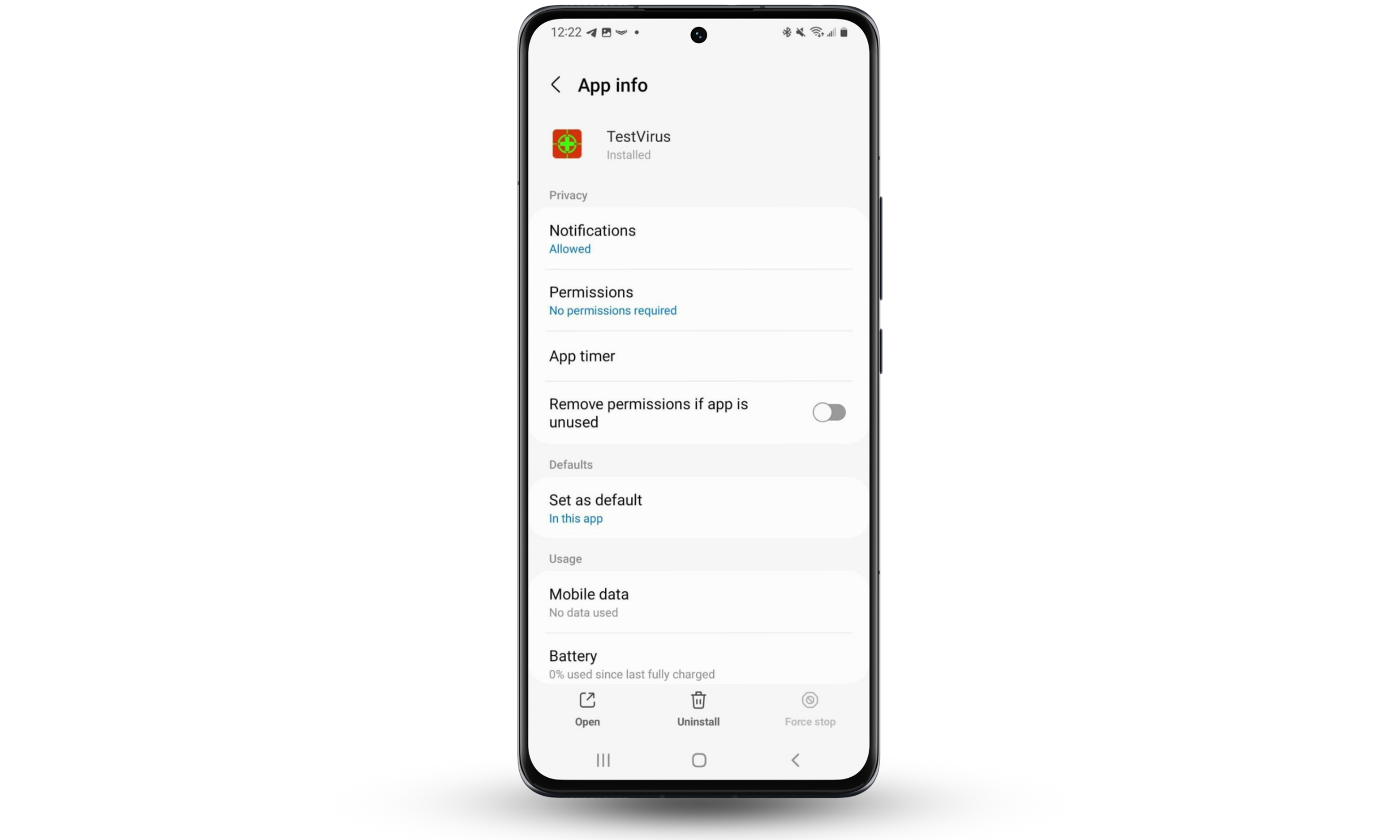 Android app settings screen displaying the Uninstall option for a suspicious application, allowing users to remove potentially malicious ransomware-related software from their phone.