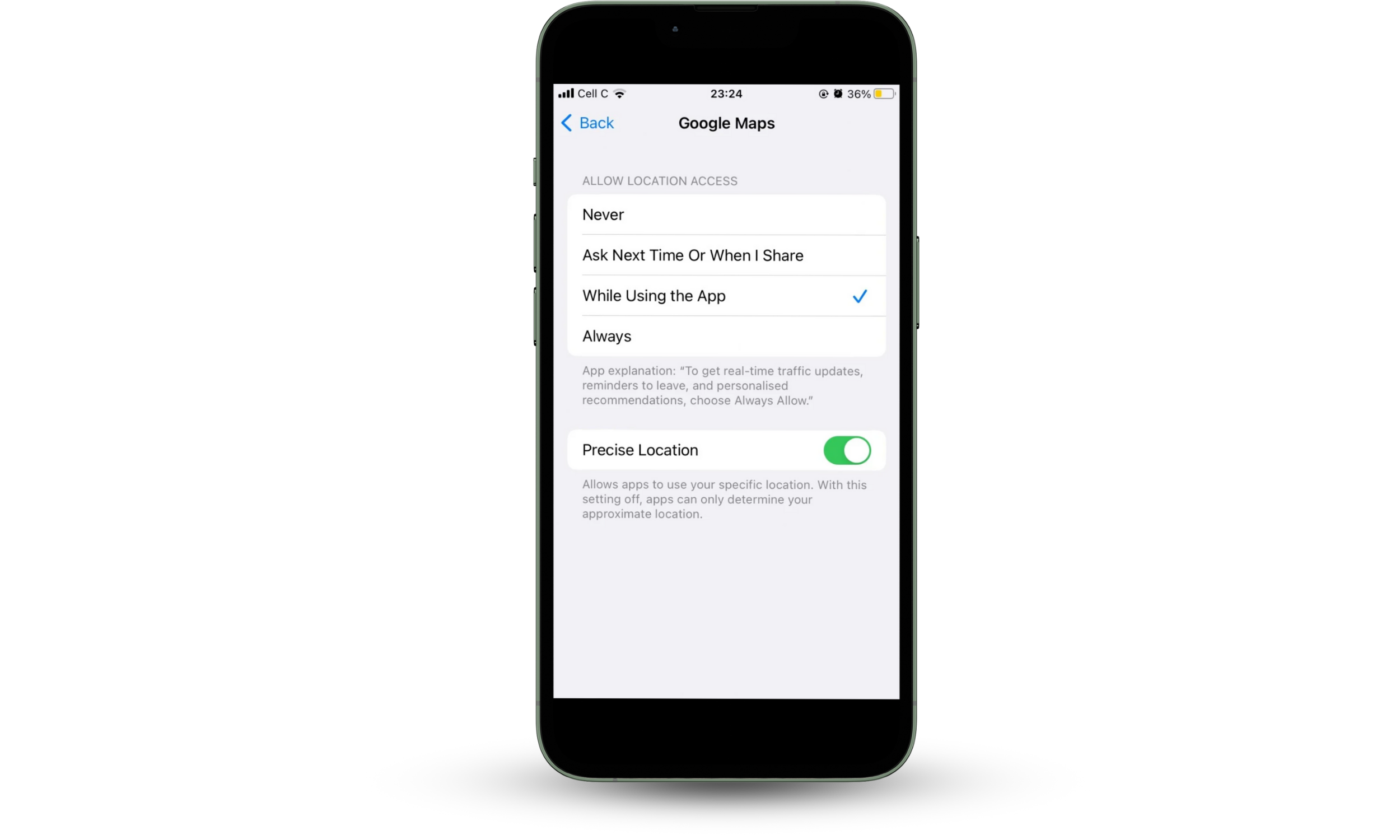 The While Using App option is selected in Google Maps location settings on an iPhone. The While Using App option is selected in Google Maps location settings on an iPhone.
