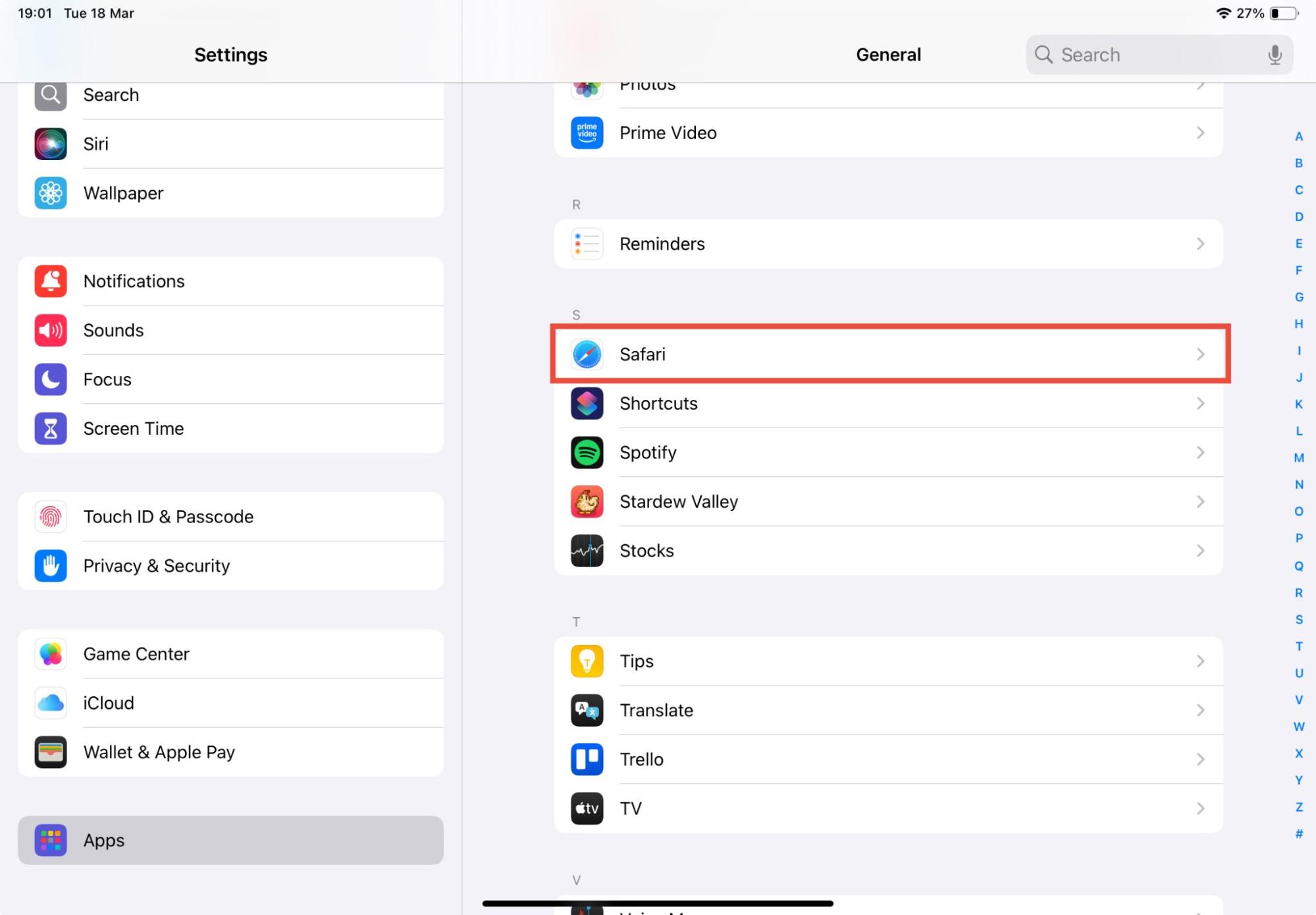 The Apps Settings page on an iPad, with Safari highlighted. If you're trying to find spyware on iPad, look at your browser settings. The Apps Settings page on an iPad, with Safari highlighted. If you're trying to find spyware on iPad, look at your browser settings.