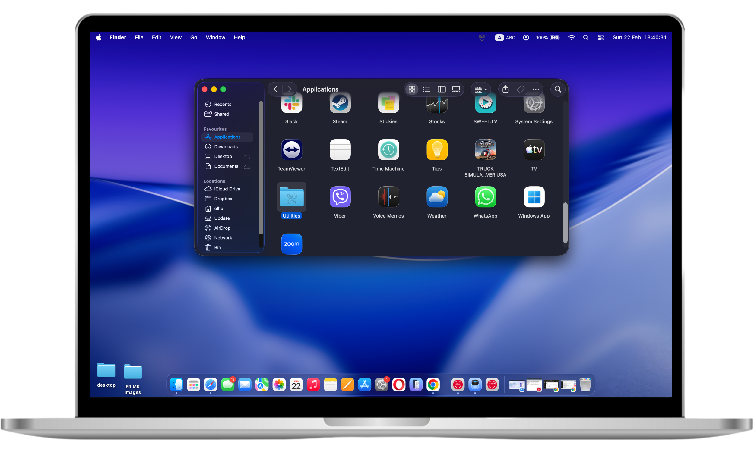 Mac Applications folder open with the Utilities folder selected to access system tools like Activity Monitor.