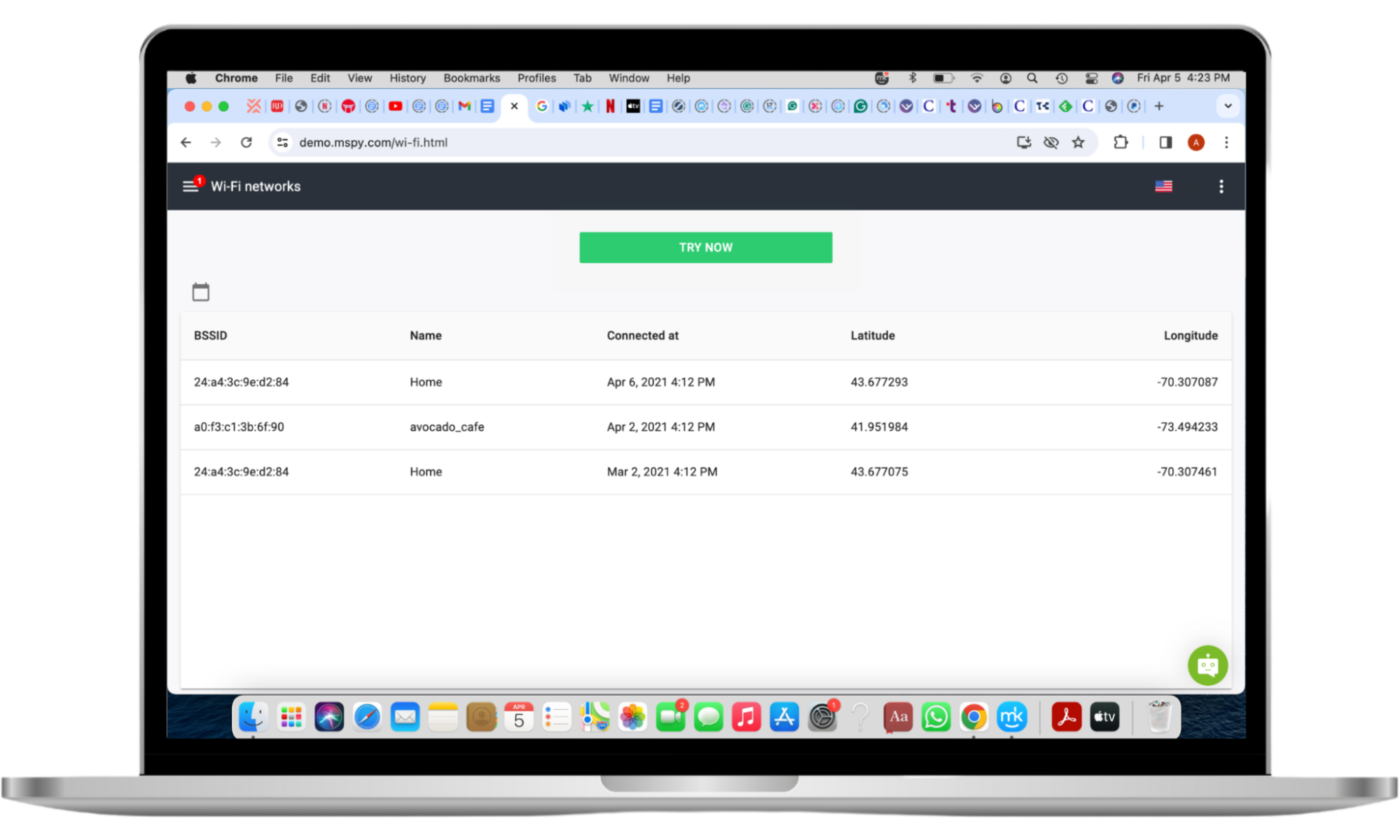 A mockup of mSpy's Wi-Fi monitoring tool displayed on a Mac desktop. The tool shows the target phone's location, including the names, dates, times, and GPS coordinates of the locations. A mockup of mSpy's Wi-Fi monitoring tool displayed on a Mac desktop. The tool shows the target phone's location, including the names, dates, times, and GPS coordinates of the locations.