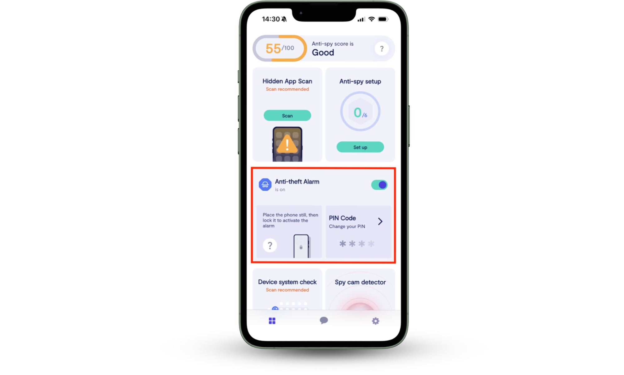 These Clario app screenshots show how to set up the Anti-Theft Alarm on an iPhone in addition to enabling features like Stolen Device Protection.