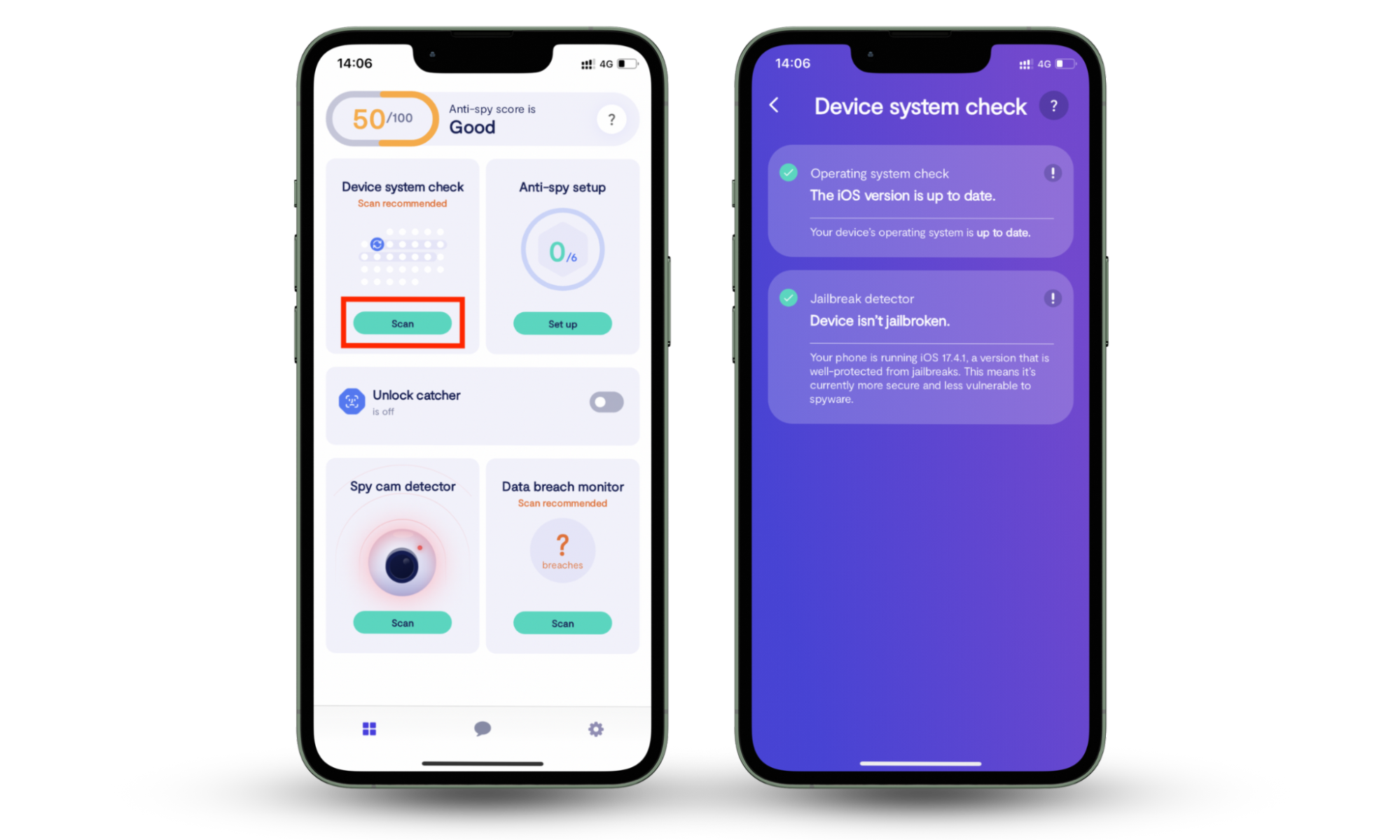 Clario Anti Spy’s Device system check appears on an iPhone screen. Scan your device with security apps like Clario Anti Spy to limit spying incidents. Clario Anti Spy’s Device system check appears on an iPhone screen. Scan your device with security apps like Clario Anti Spy to limit spying incidents.
