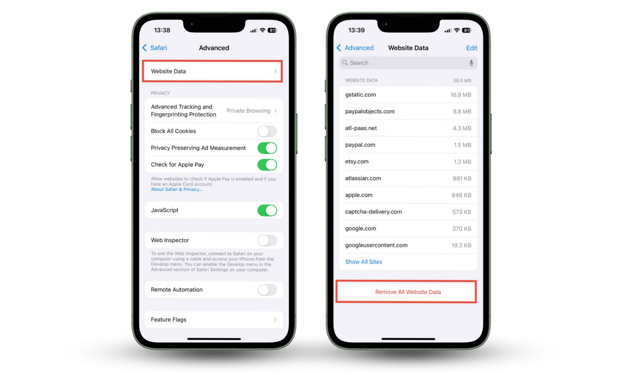 The last two steps to clear cookies from Safari in iOS. In Safari's Advanced settings, tap on Website Data, then tap Remove All Website Data. The last two steps to clear cookies from Safari in iOS. In Safari's Advanced settings, tap on Website Data, then tap Remove All Website Data.