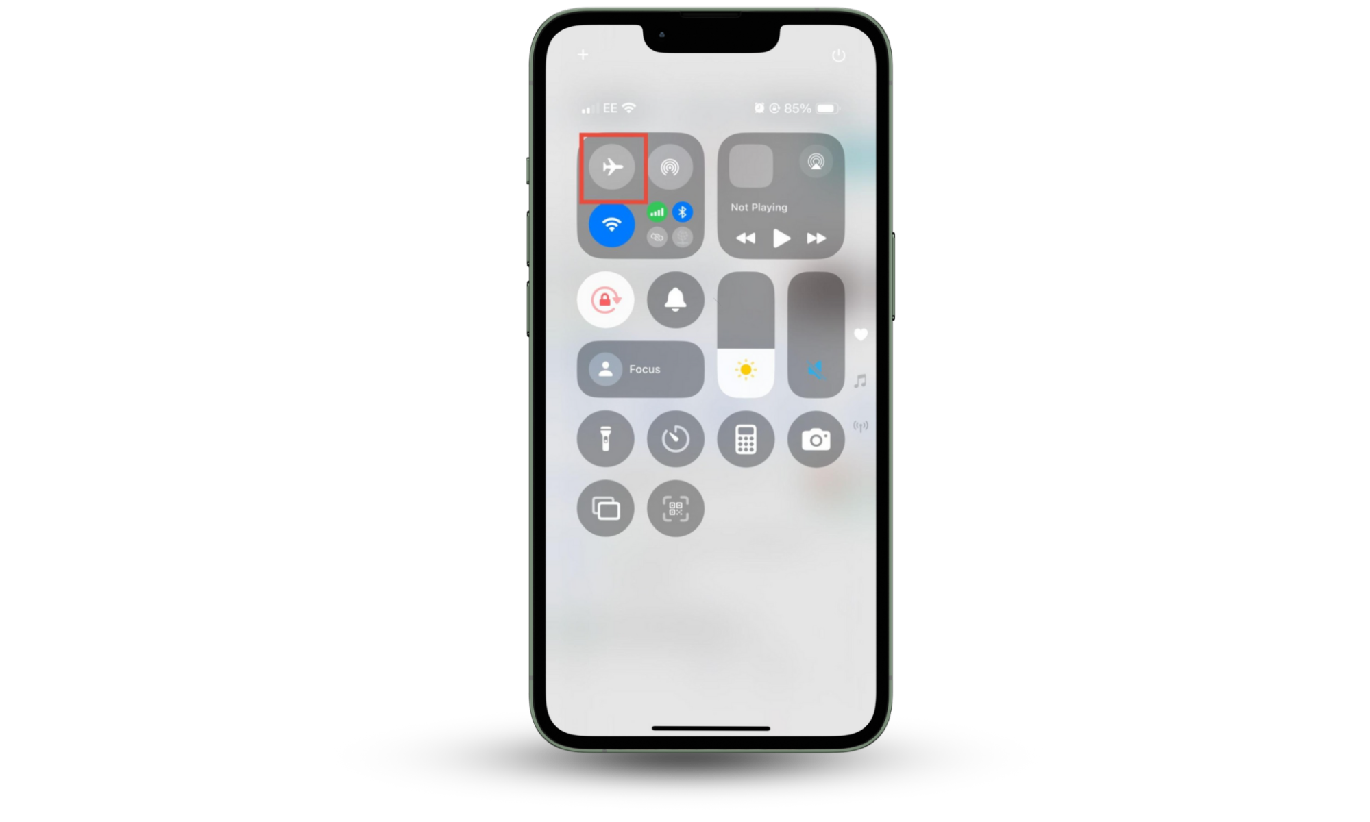 The Control Center on an iPhone, with Flight Mode highlighted. If your phone temperature is high, turn on Flight Mode. The Control Center on an iPhone, with Flight Mode highlighted. If your phone temperature is high, turn on Flight Mode.
