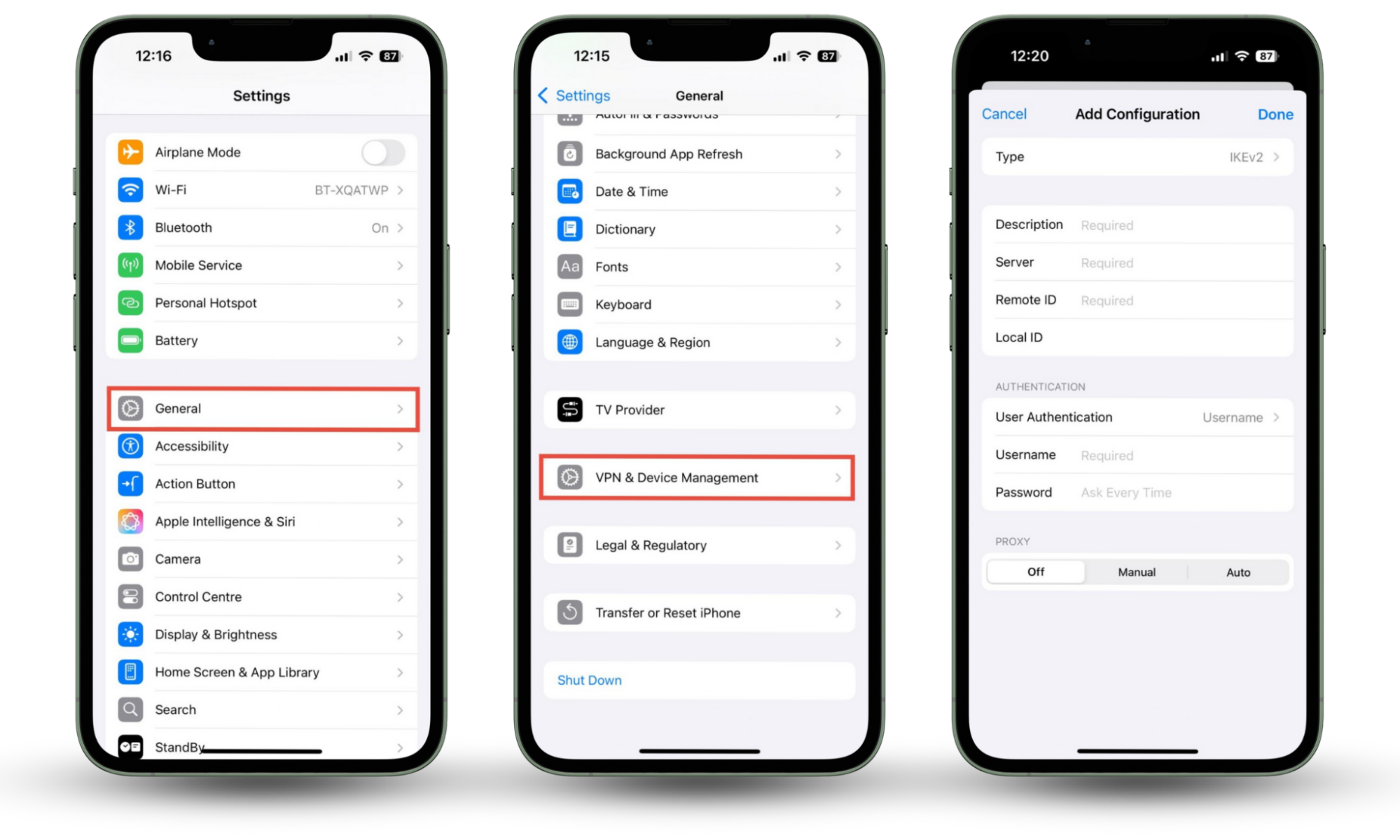 The process of manual VPN configuration for iPhone, using the iOS Settings menu. The process of manual VPN configuration for iPhone, using the iOS Settings menu.