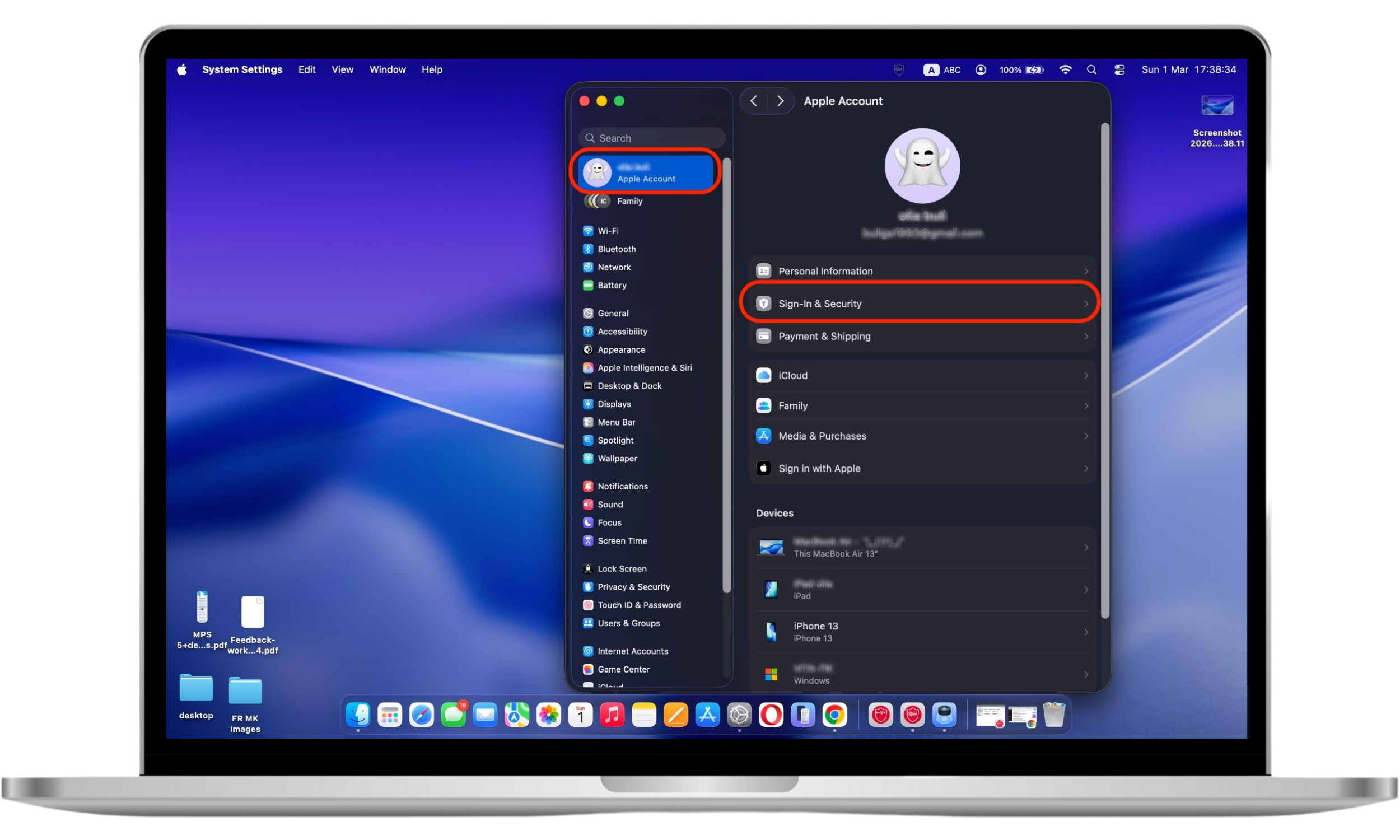 Accessing Sign-In & Security settings in the Apple ID section on macOS.