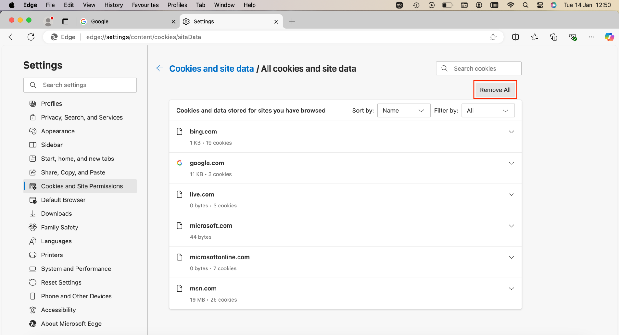 Cookies and Site Data in Microsoft Edge on macOS. To clear cookies from Edge, click Remove All. Cookies and Site Data in Microsoft Edge on macOS. To clear cookies from Edge, click Remove All.