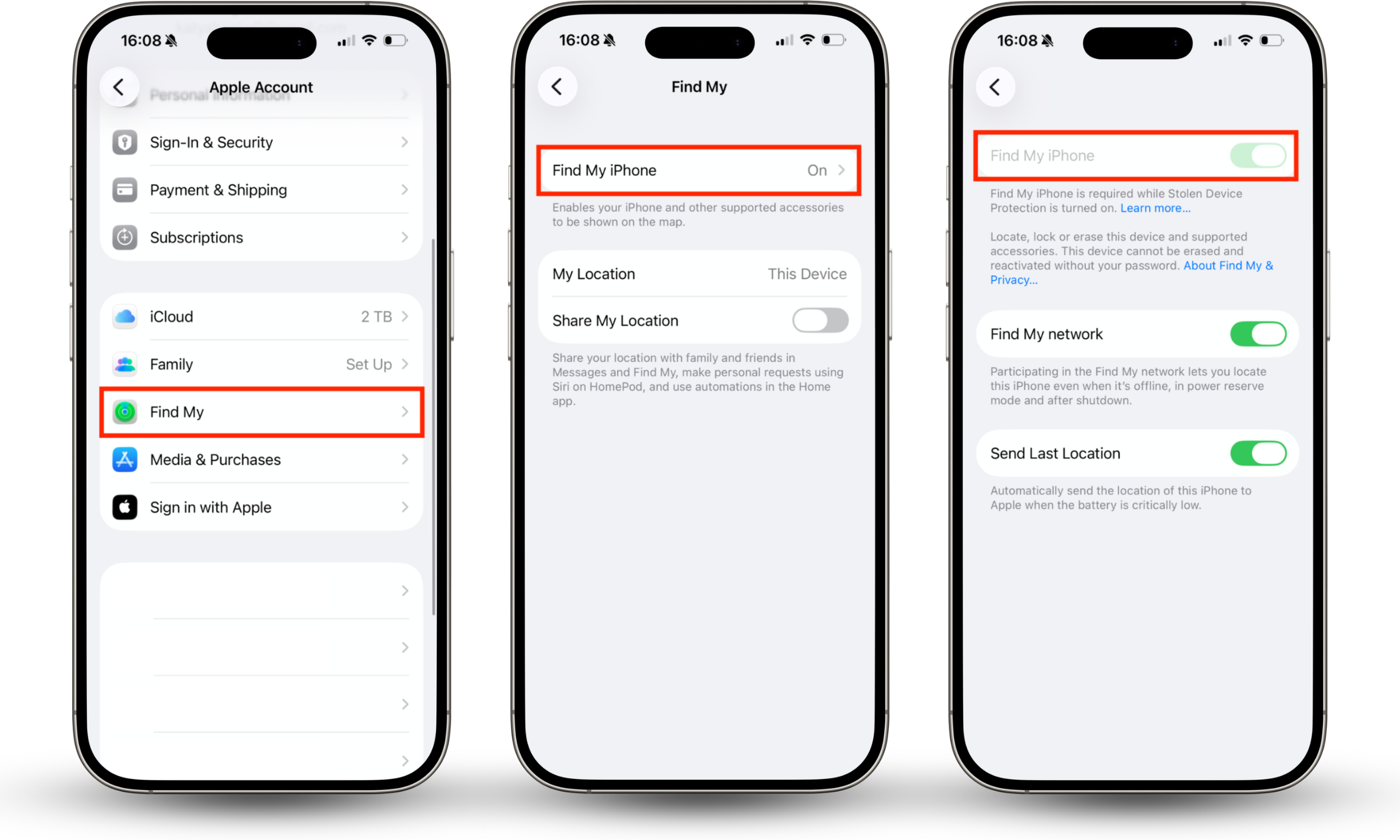 Settings app is open on an iPhone device. Tap [Your Name], Find My, Find My Phone, and toggle on the feature.