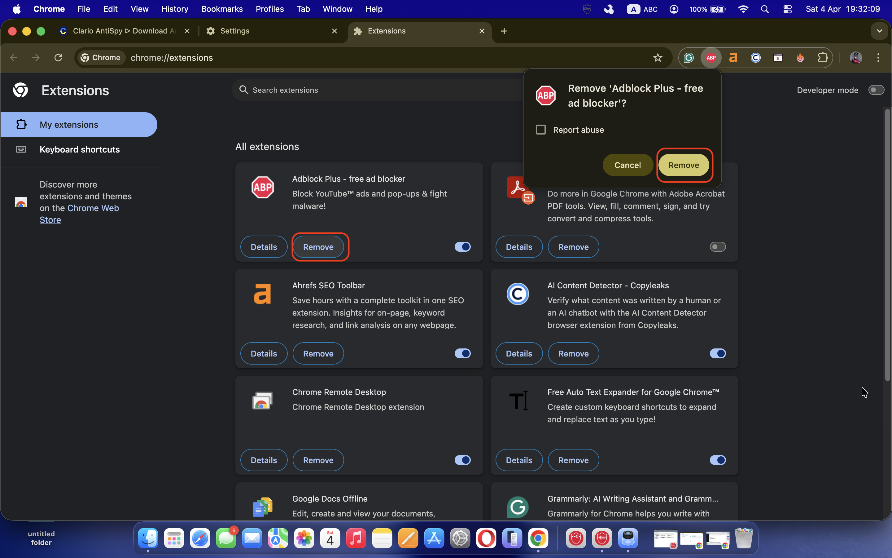 The Google Chrome Extensions page on a Mac showing installed extensions with remove buttons, where the user deletes unfamiliar or suspicious extensions that may be related to adware. The Google Chrome Extensions page on a Mac showing installed extensions with remove buttons, where the user deletes unfamiliar or suspicious extensions that may be related to adware.