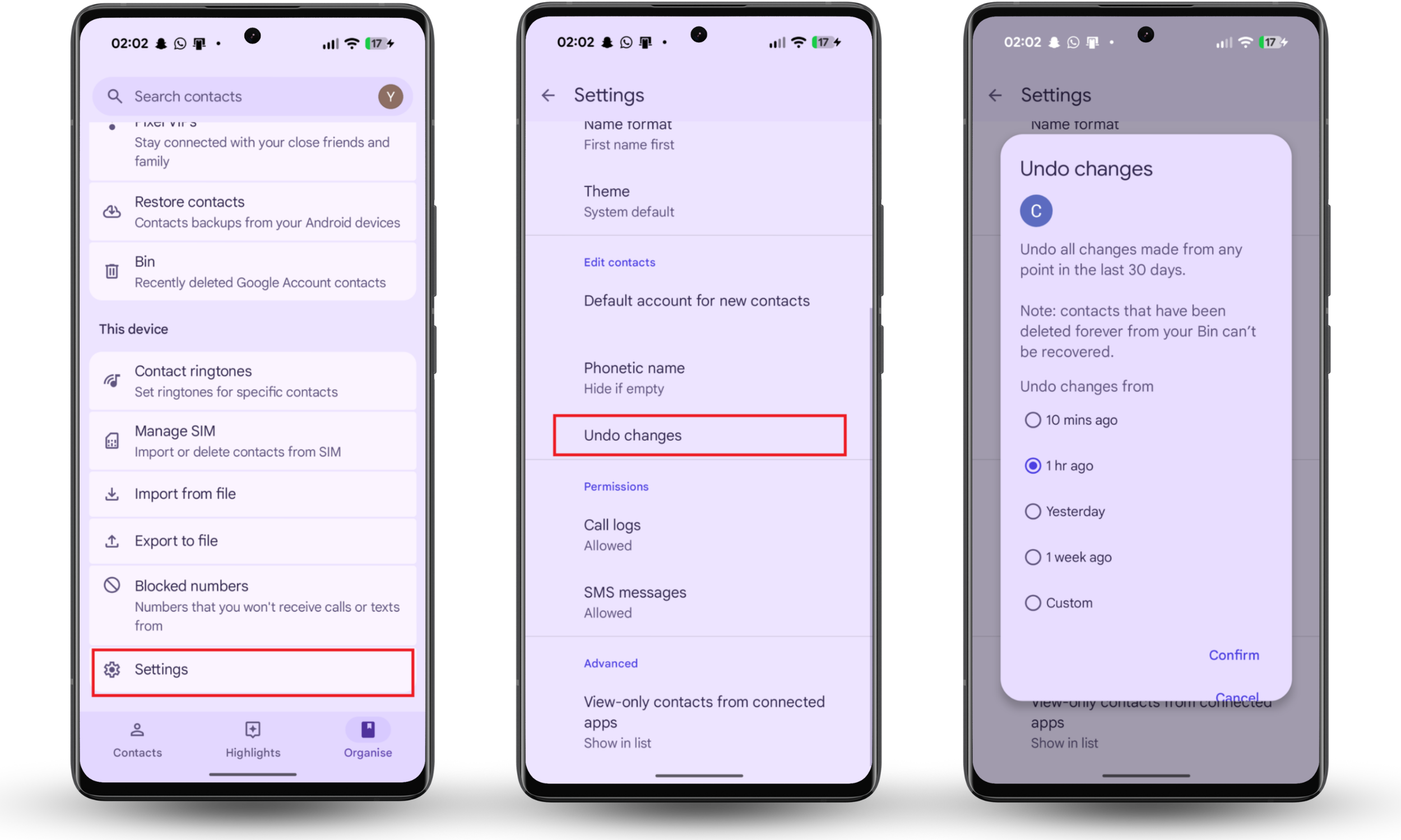 Android Contacts app Settings screen showing the Undo changes option used to reverse contacts syncing on another phone.