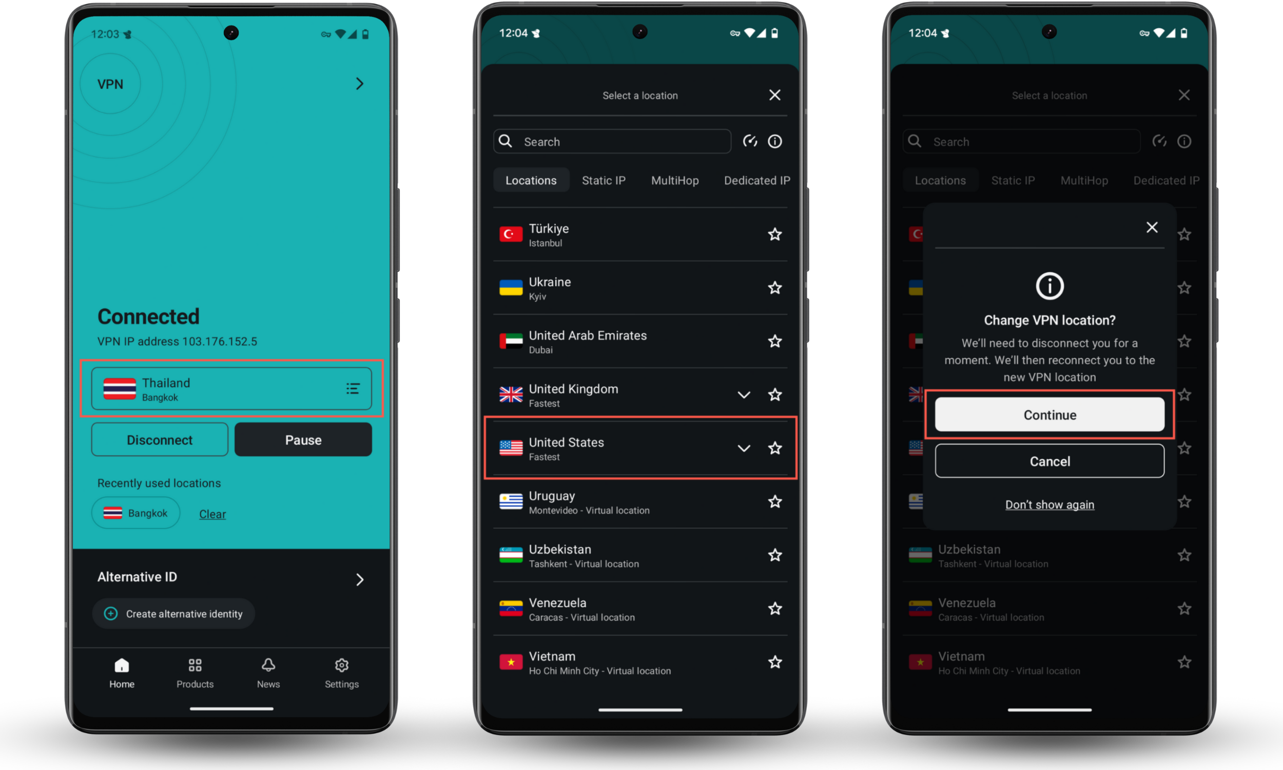 These screenshots show how to change your VPN location on your Android phone via the Location or Server menu on your VPN app. These screenshots show how to change your VPN location on your Android phone via the Location or Server menu on your VPN app.