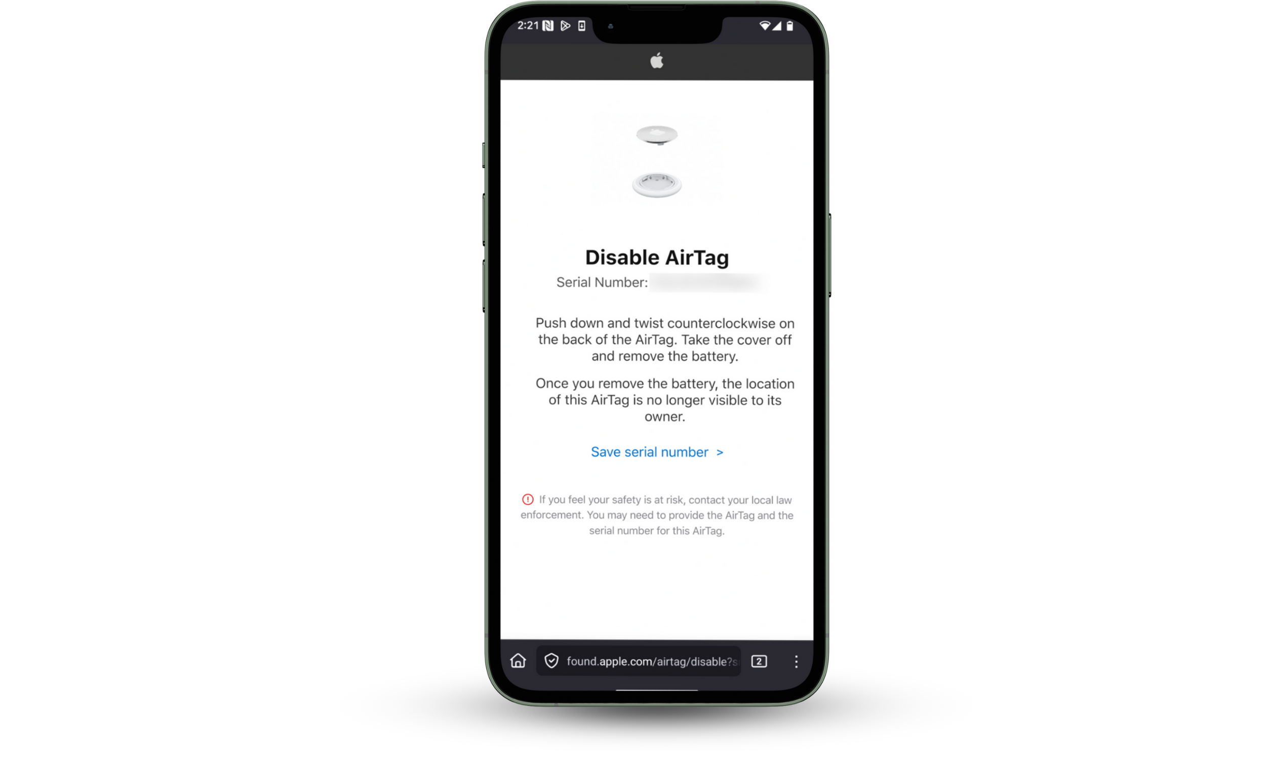 This screenshot shows how to take out the battery and disable an unknown AirTag after receiving an AirTag Found Moving With You notification.
