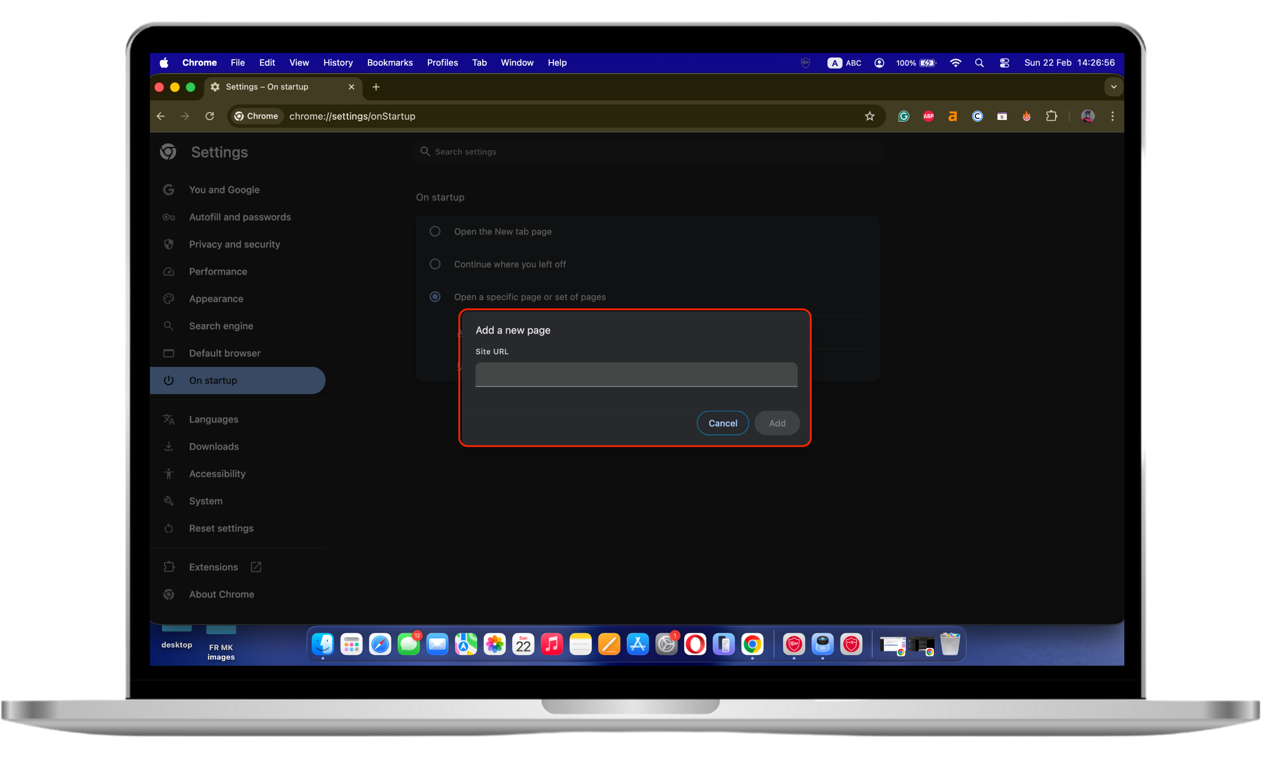 Chrome On startup settings dialog showing a homepage URL being entered into the Add a new page field before clicking Add