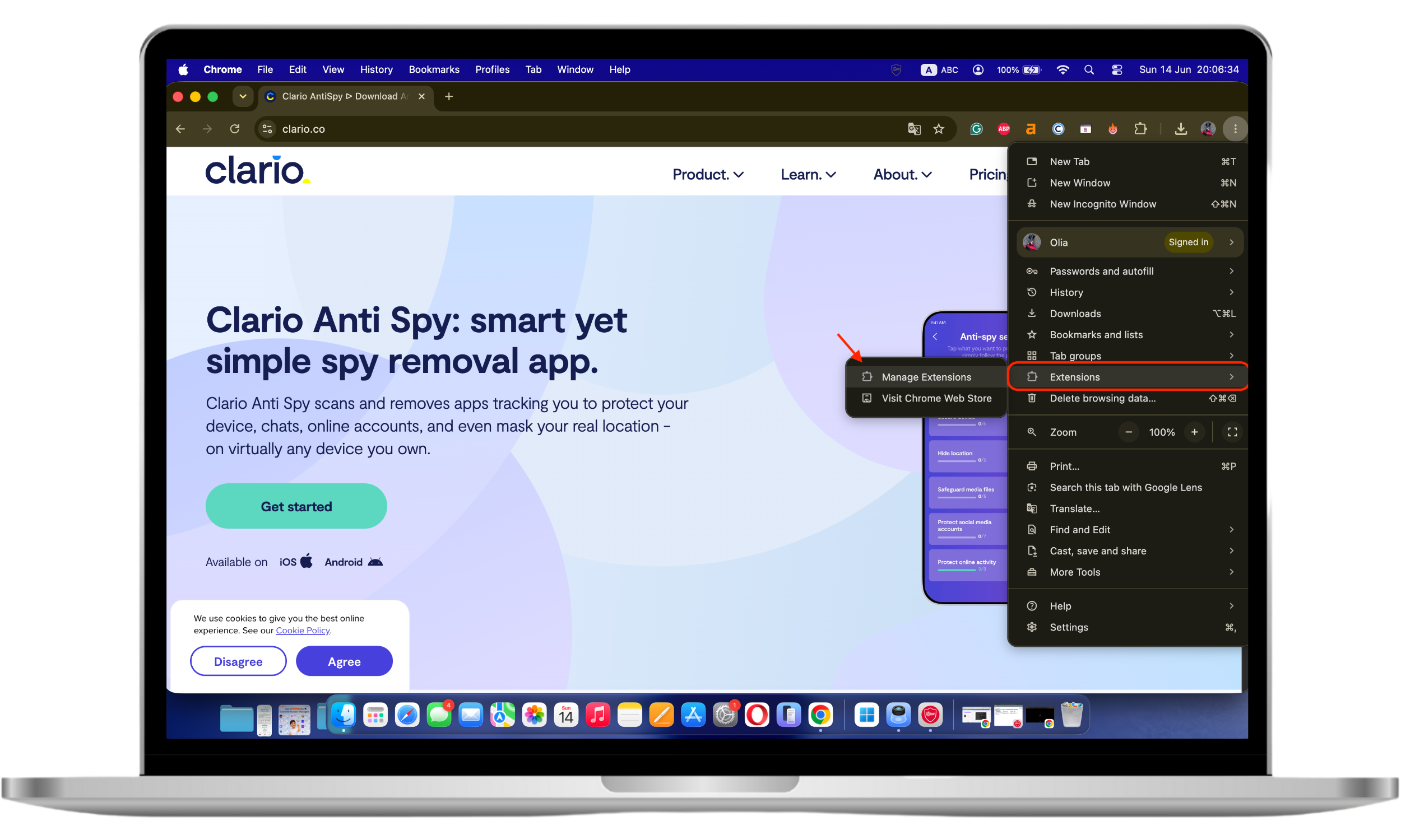 Remove suspicious extensions to get rid of  Spigot Malware on Mac. Google Chrome's three-dot menu open on Mac. Extensions drop-down menu with the Manage Extensions option.