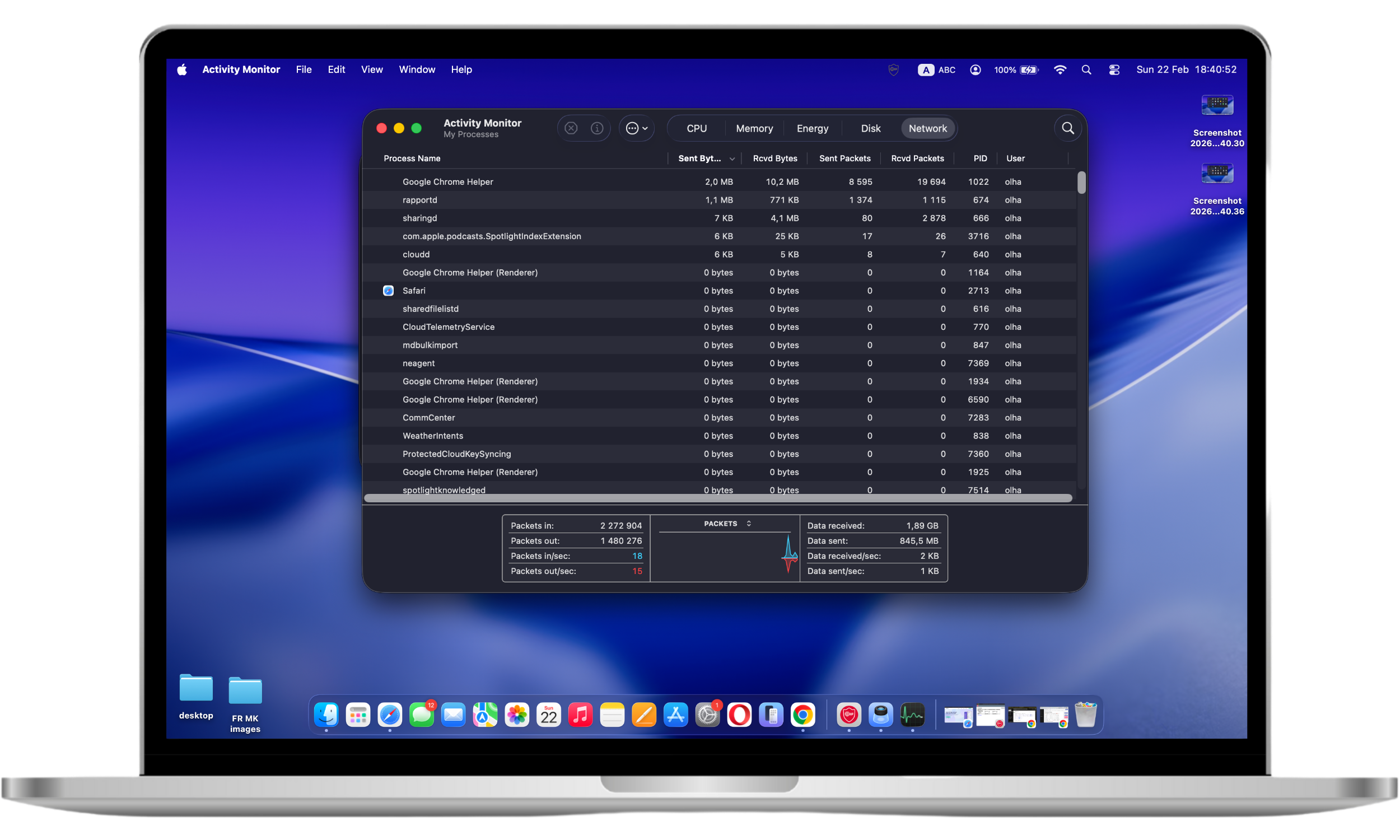 Activity Monitor open on a Mac with the Network tab selected to monitor real-time network usage and identify suspicious processes.