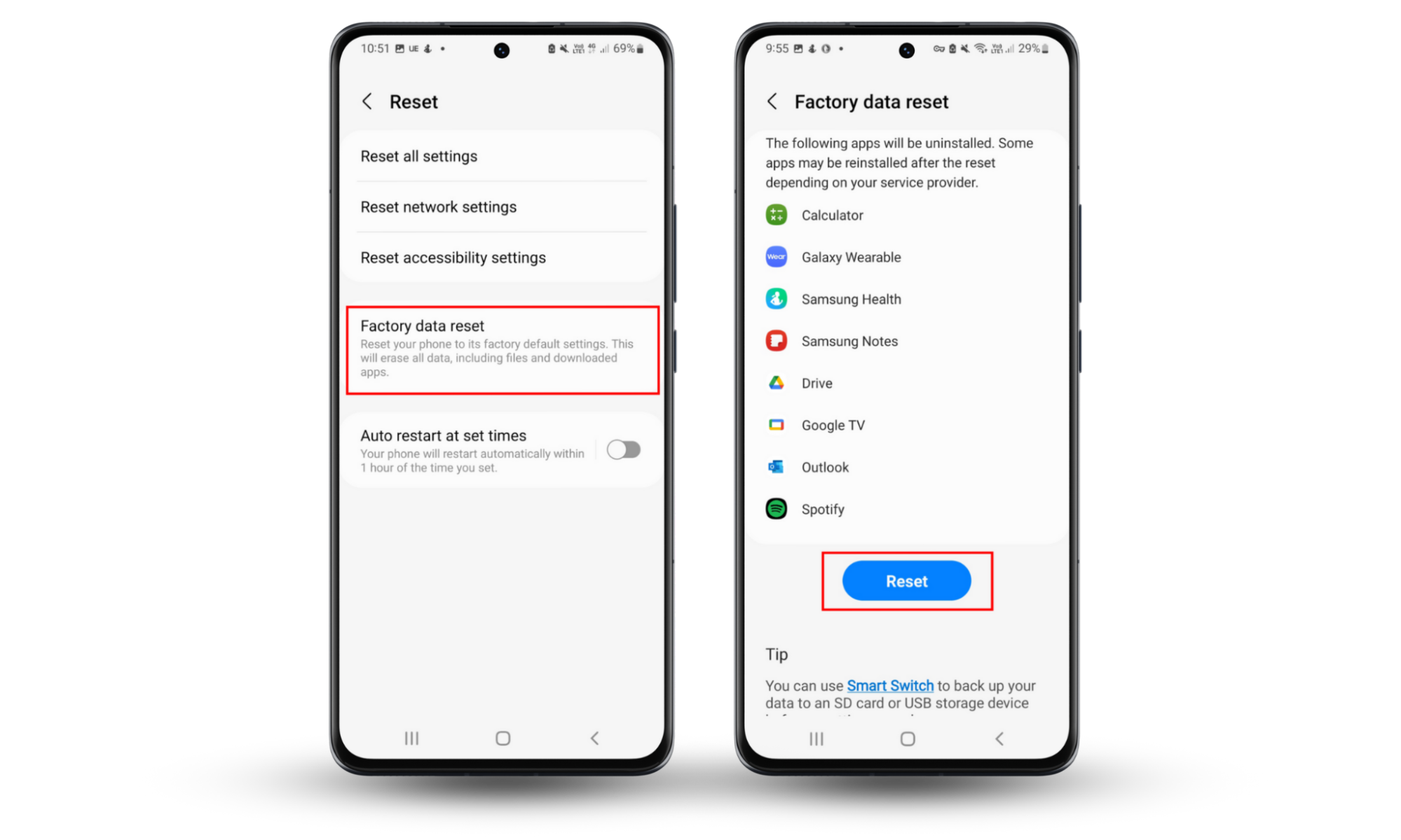 If you can't remove Android spyware file names, perform a factory reset. Go to Settings > General management > Reset. Press Factory data reset > Reset and follow the instructions.