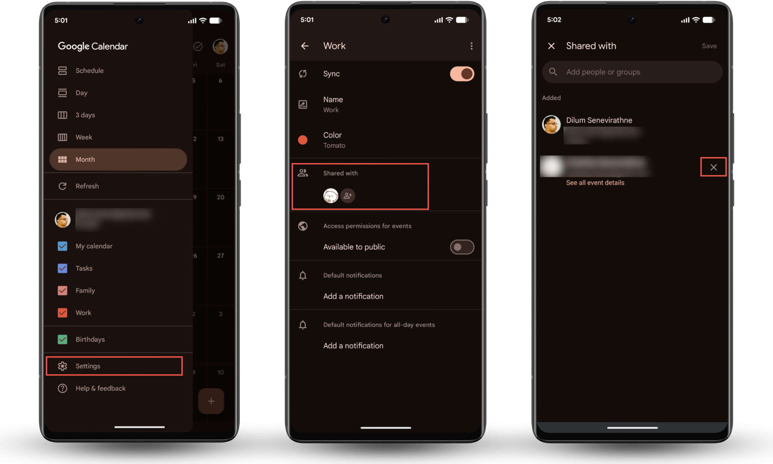 These Android screenshots show how to remove shared access in the Google Calendar app to stop your calendar from syncing with another phone.