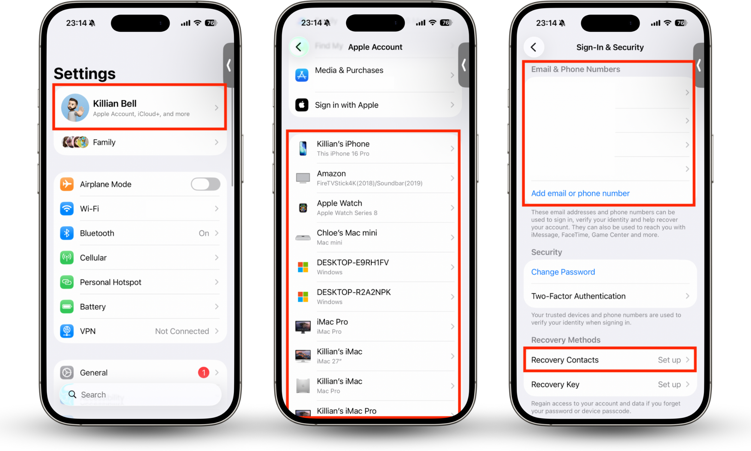 The Apple Account and Sign-In & Security options in Settings on iPhone. If you're wondering how to check iPhone for virus in Settings, go to your Apple ID and make sure there are no unrecognized devices, contact details, or Recovery Contacts.