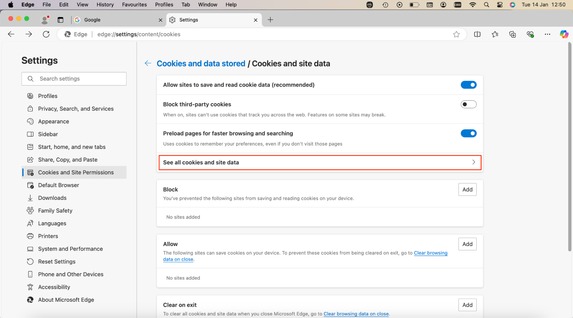 Microsoft Edge on macOS, with the Cookies and Site Data settings page open. See all cookies and site data is highlighted, as part of the instructions to remove cookies. Microsoft Edge on macOS, with the Cookies and Site Data settings page open. See all cookies and site data is highlighted, as part of the instructions to remove cookies.