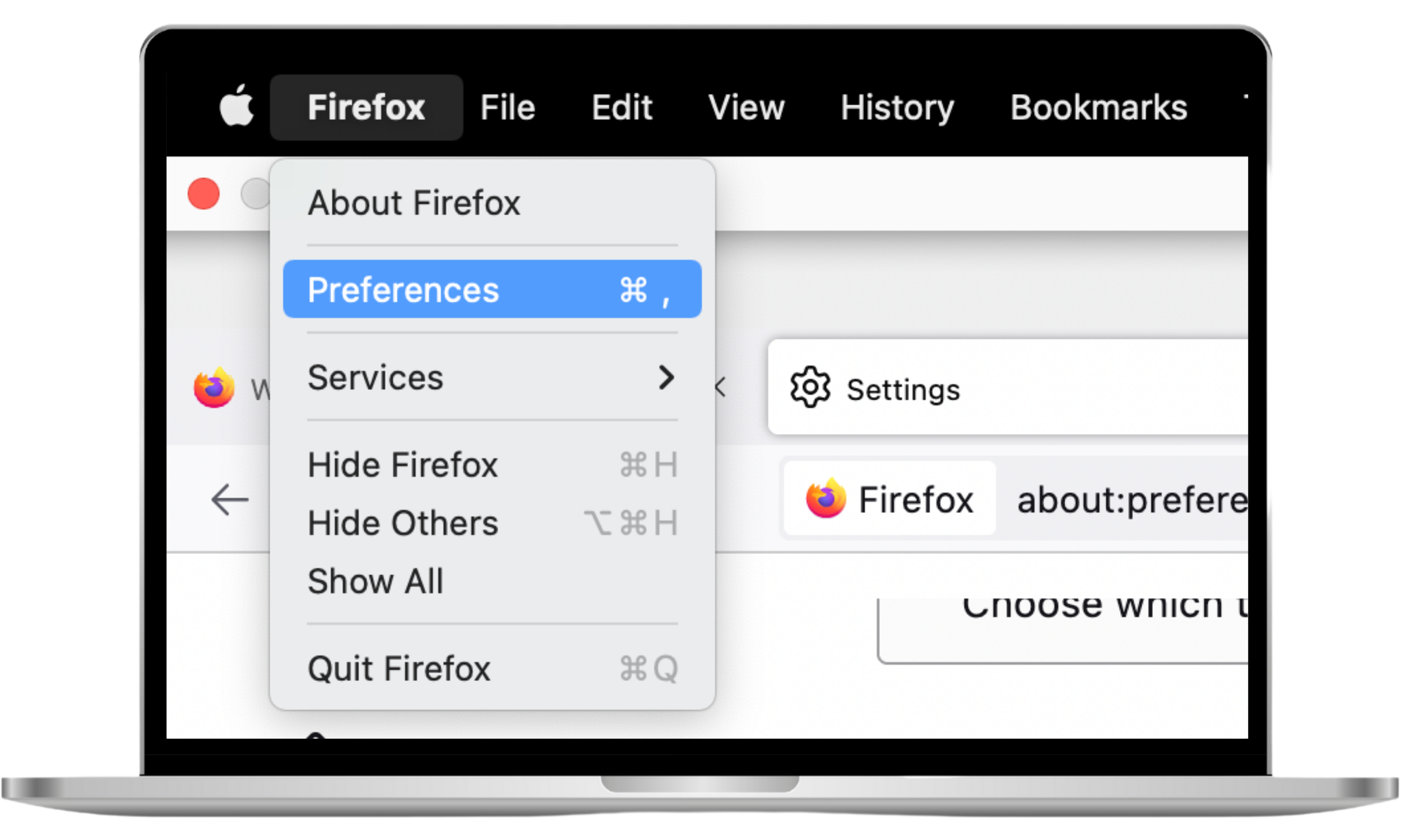 The Firefox browser menu is open with the Preferences option selected from the drop-down list.