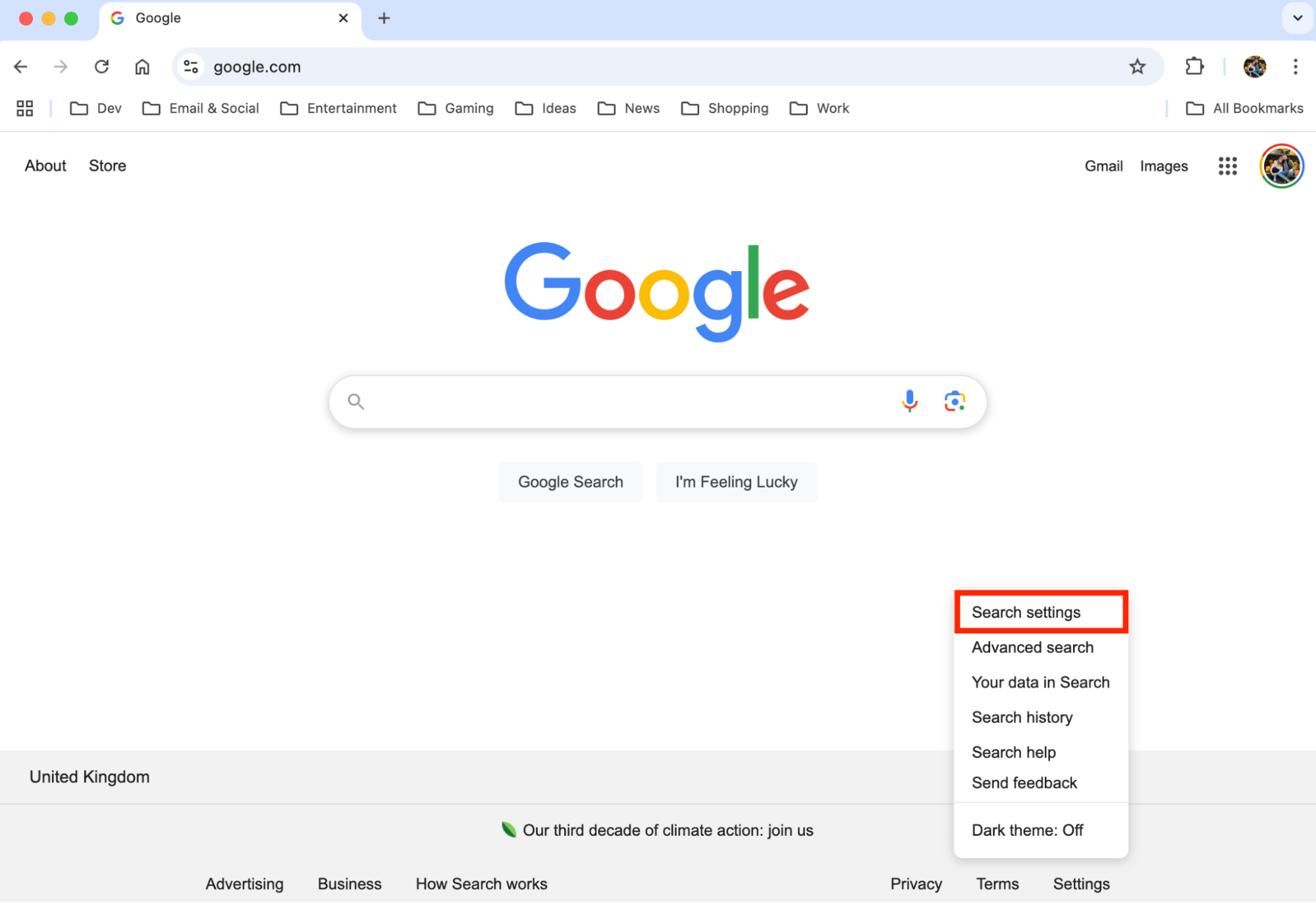 The Google.com homepage in Google Chrome on Mac. You can access Search settings by clicking the Settings button, which will then give you access to your Safe Search options. The Google.com homepage in Google Chrome on Mac. You can access Search settings by clicking the Settings button, which will then give you access to your Safe Search options.