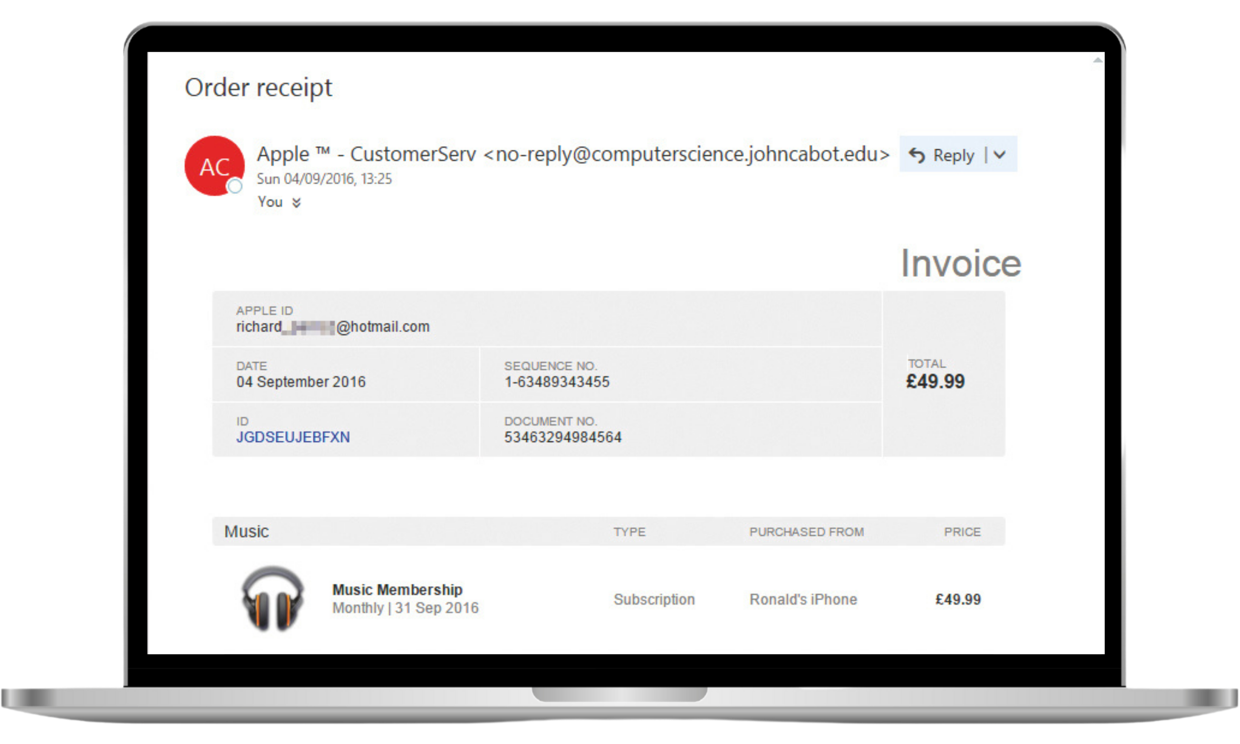 Fake Apple ID phishing email showing a fraudulent purchase receipt with urgent language and a malicious link prompting the user to log in
